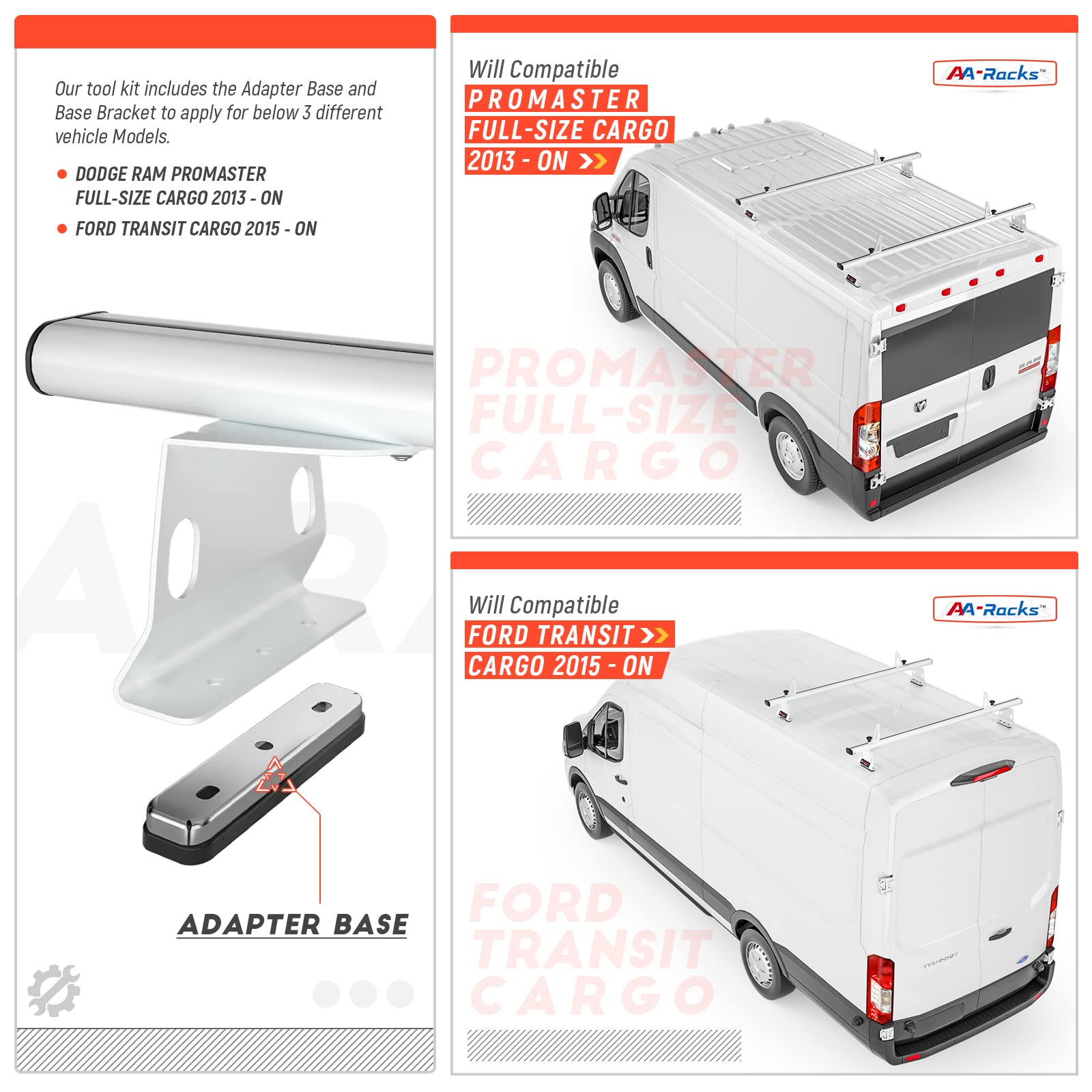 AA Racks Model AX302 Aluminum Van Ladder Roof Rack System Fits for 2013-On RAM ProMaster/ 2015-On Transit - 2 Bar 72'', White