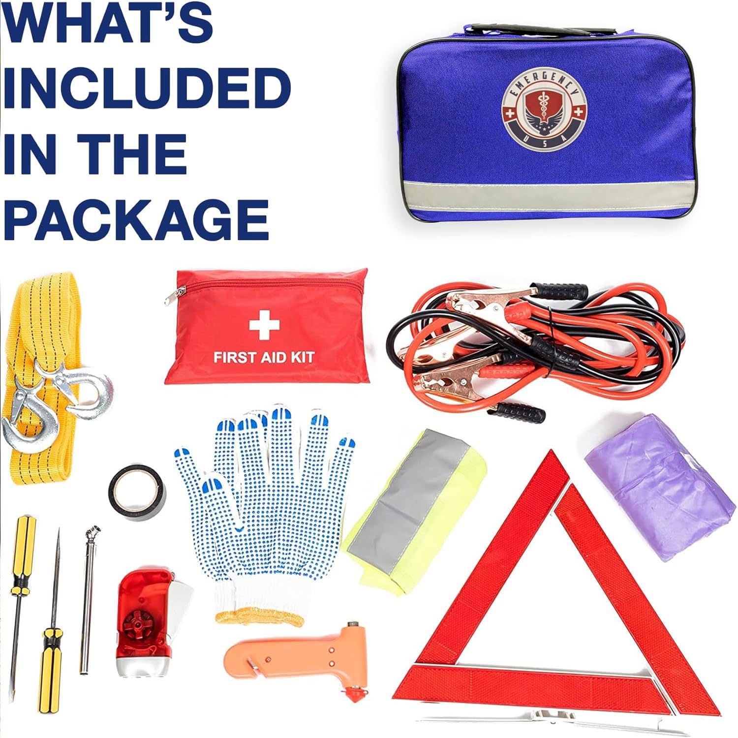 Roadside Car Emergency Kit - First Aid Set, Jumper Cables, Tow Strap, Led Flash Light, Rain Coat, Tire Pressure Gauge, Safety Ve