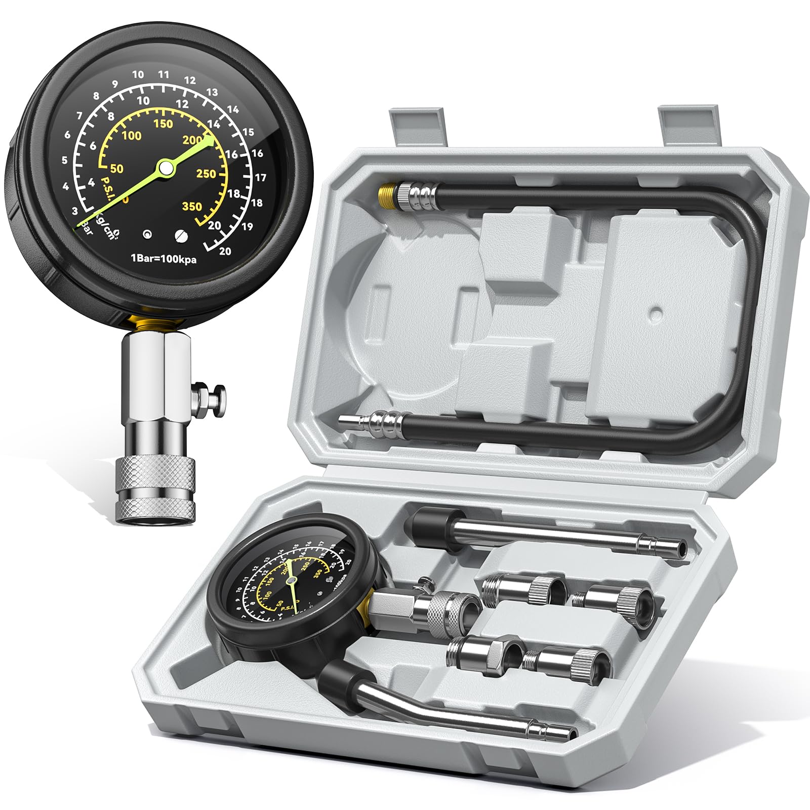 AUTOWN Professional Compression Tester Kit, 300 PSI Triple-Scale Gauge with 8-Piece Set & Portable Gray Case for Car, Truck, ATV
