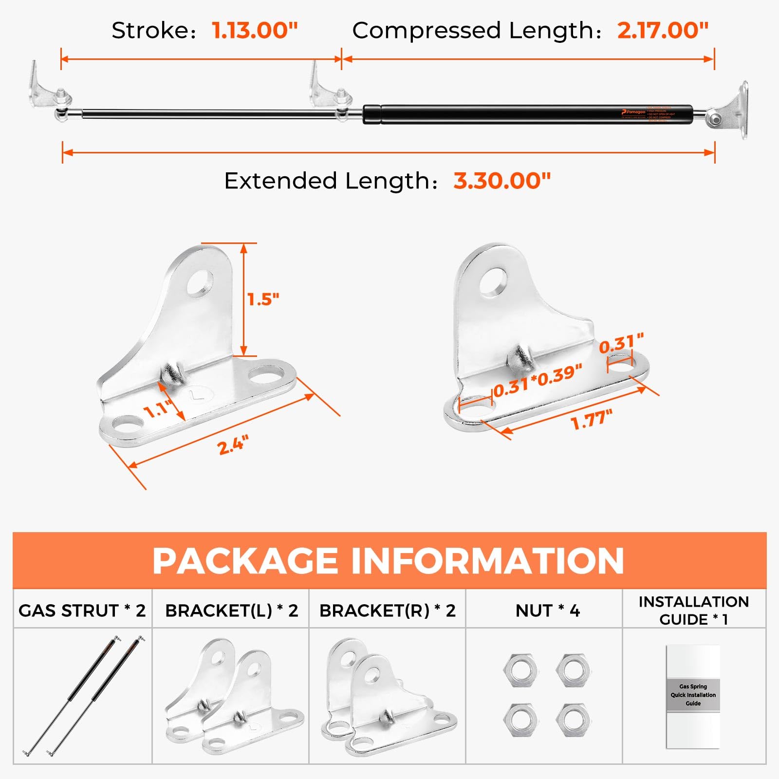 PAMAGOO 30 Inch Gas Strut, 80 Lbs Prop with Brackets, Black, Stainless Steel, 2 Pack for Hatch Door & Murphy Bed