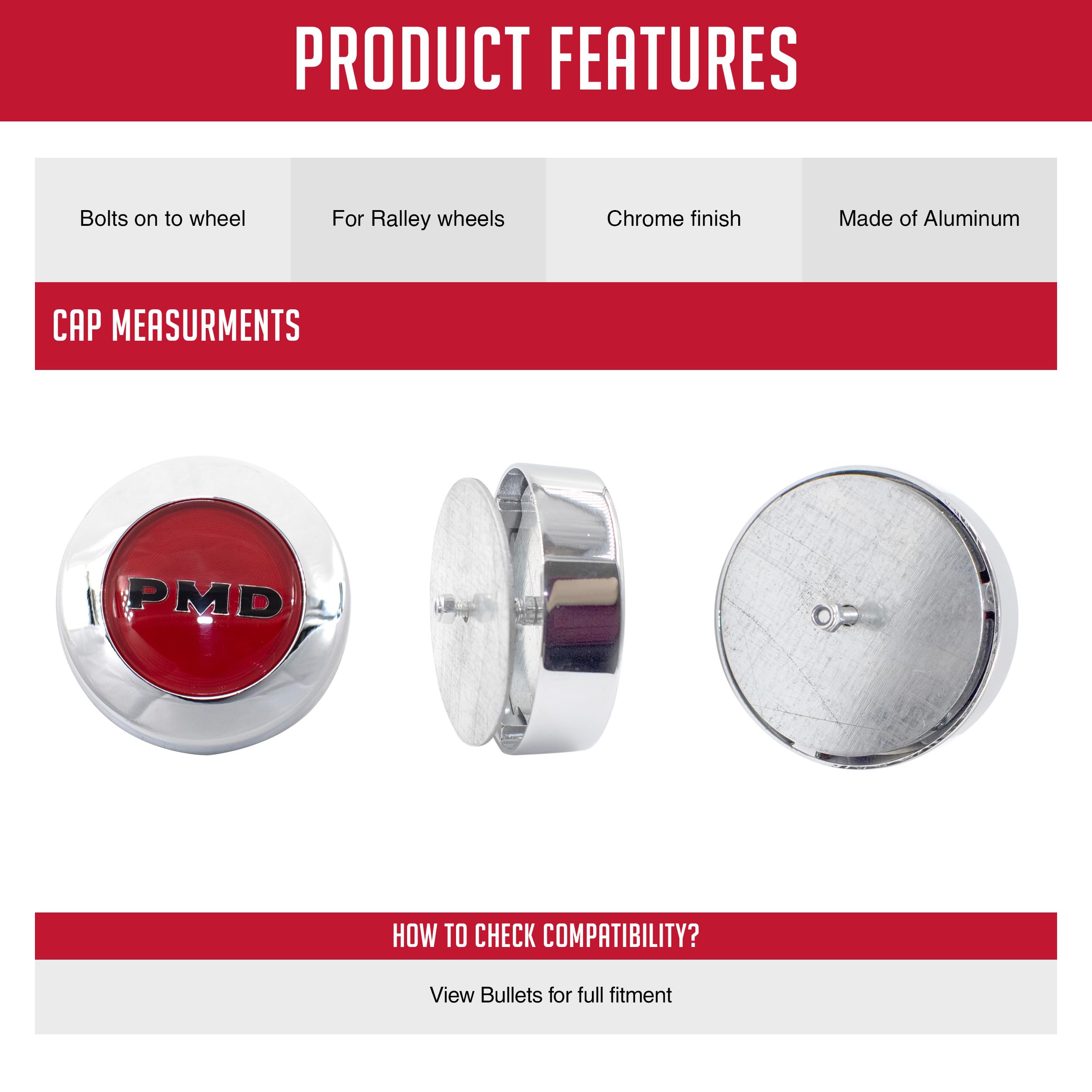 Wheel Accessories Parts Red Aluminum Alloy Center Cap 2.80" Fits Pontiac 1967-73 Models - GTO, Firebird, Grand Prix, Ventura