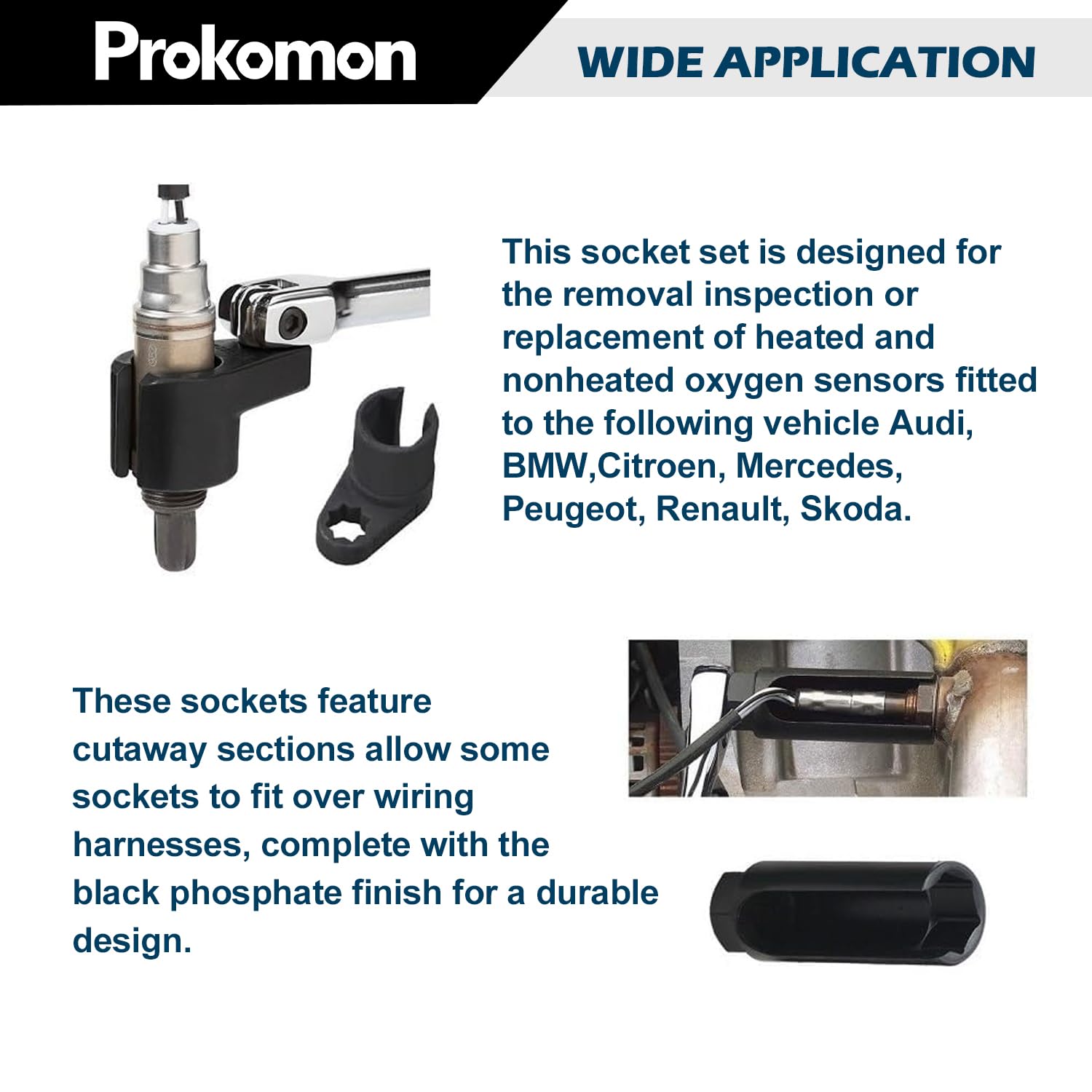 Prokomon O2 Sensor Socket Set - 10pcs Oil Pressure Sensor Wrench Kit, Molybdenum Steel, 1/2" & 3/8" Drives, Model PT