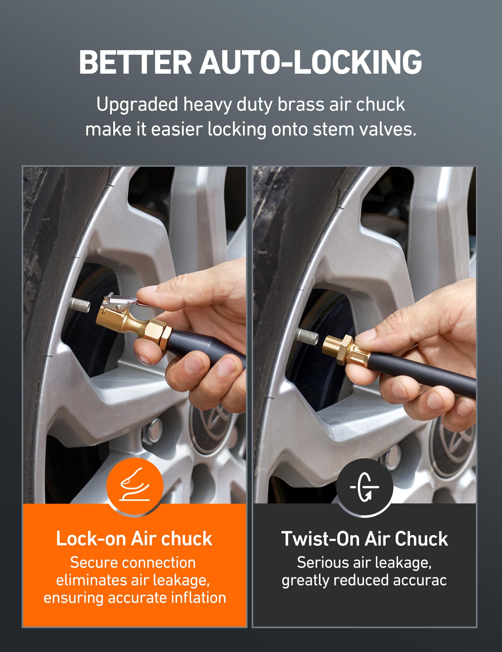 AstroAI 1 Pack Air Chuck, Heavy Duty Closed Flow Lock On Tire Chuck with Clip for Inflator Gauge Compressor Accessories, Yellow