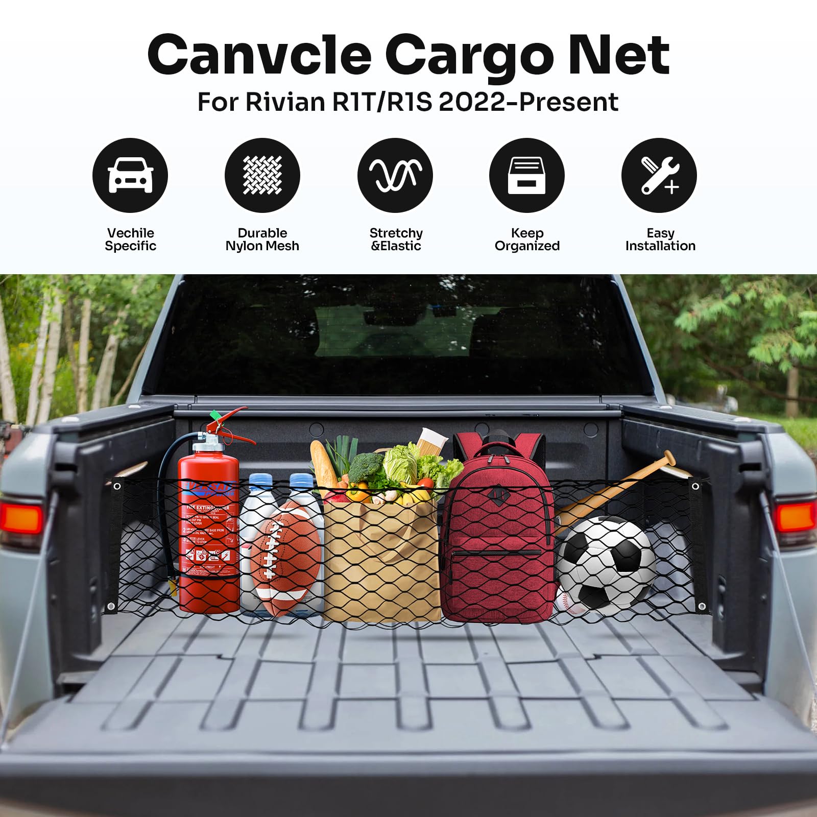 Canvcle Truck Bed Cargo Net for 2022-2025 Rivian R1T/R1S Accessories Envelope Style Mesh Trunk Net Organizer and Storage Stretch