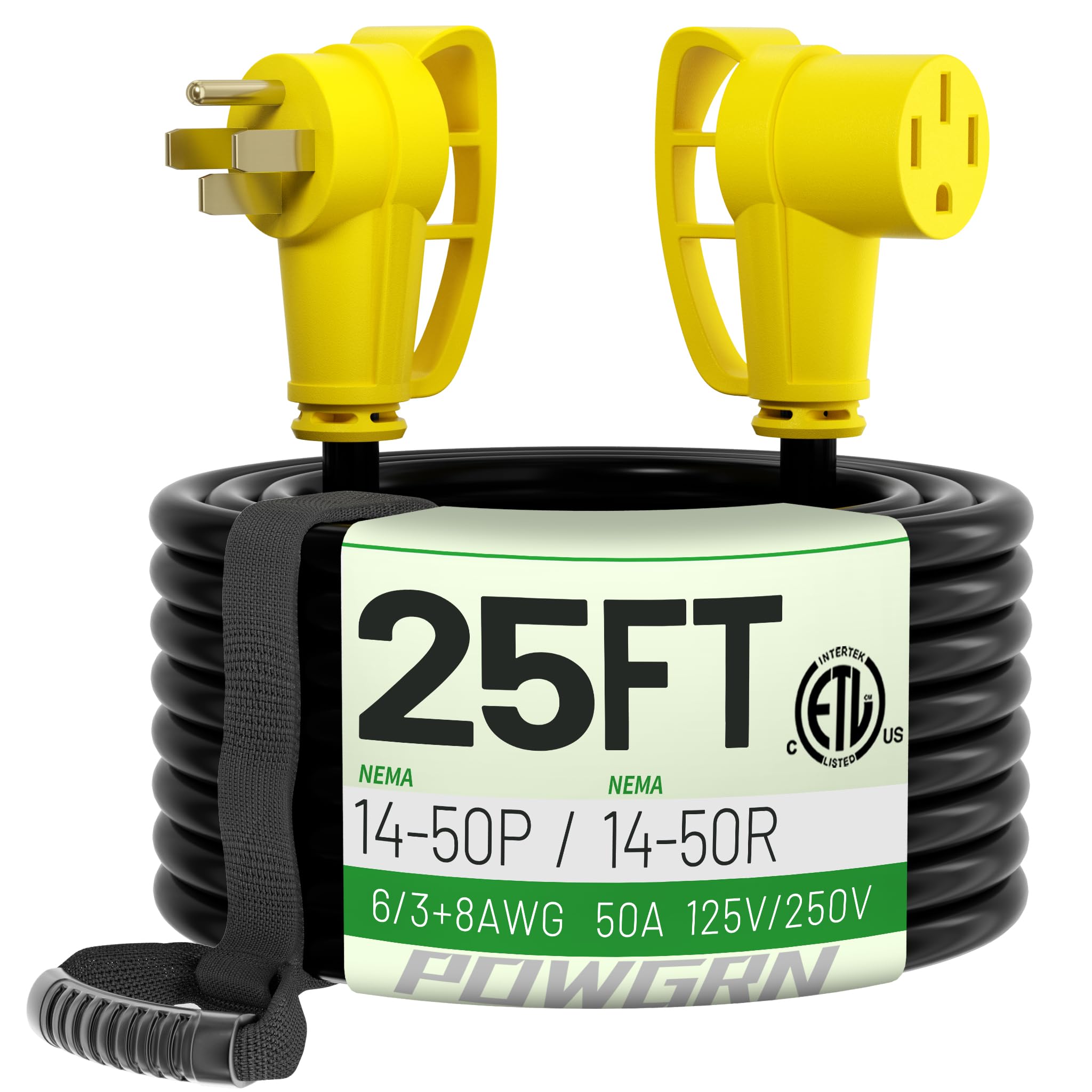 Powgrn 50 Amp Rv/Ev Extension Cord 25 Ft Outdoor With Grip Handle, Flexible Heavy Duty 6/3+8/1 Gauge Stw 4 Prong Rv Power Cord W
