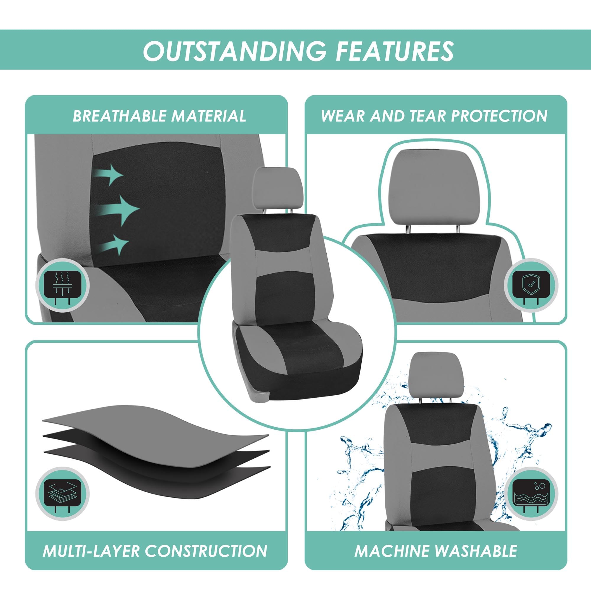 Fh Group Universal Fit Gray Black Automotive Seat Covers Combo Set With Steering Wheel Cover And Seat Belt Pad Fits Most Cars, S