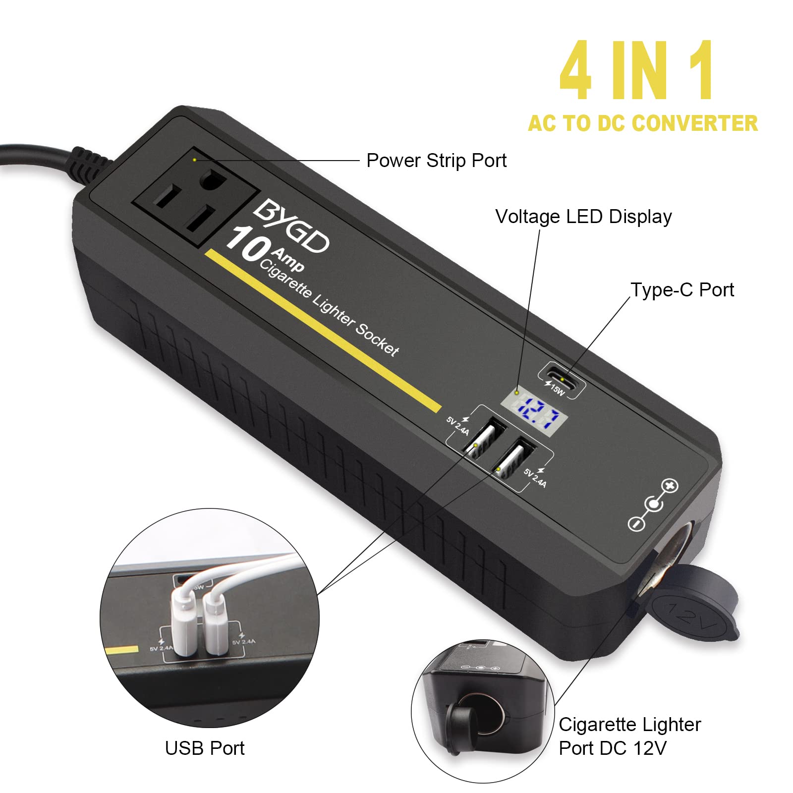 Bygd 4 In 1 Ac To Dc Converter, 120W Adapter 12V 10A Car Cigarette Converter Lighter Socket Cigarette Lighter Socket Power Adapt