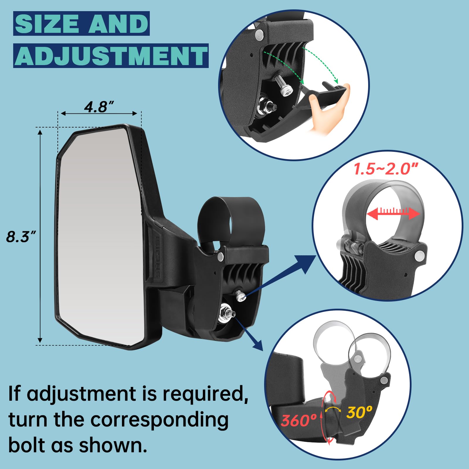 SHEJISI UTV Side View Mirrors, Black ABS, 2024 Model RHUTV-MR204B, Fits 1.5"-2.0" Roll Cage, Easy Fold-