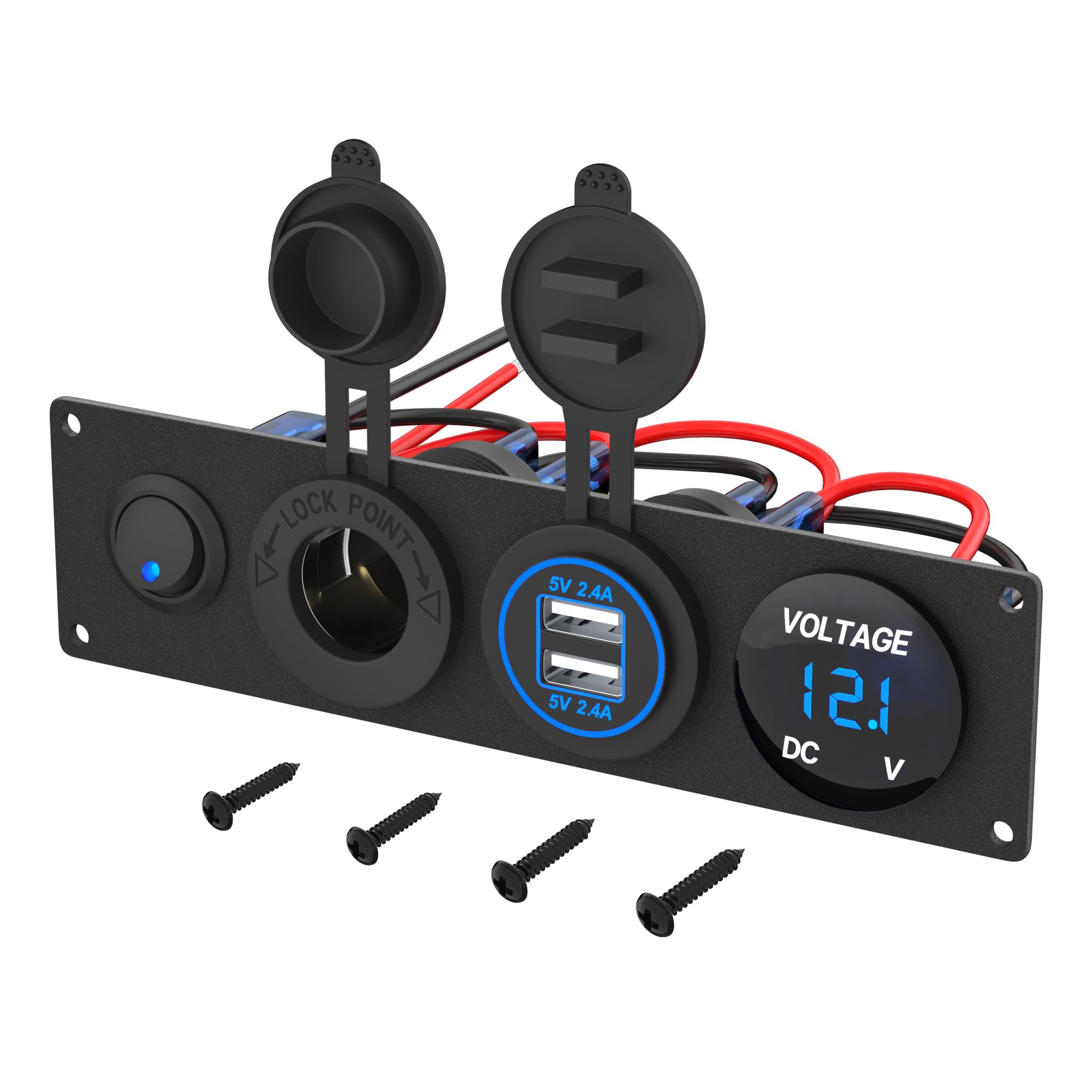 RVMARINEPAT 4 in 1 Charger Outlet Socket Panel 12V DC 4.8A Dual USB Power Outlet & 12 Volt Cigarette Lighter Socket & LED Voltme