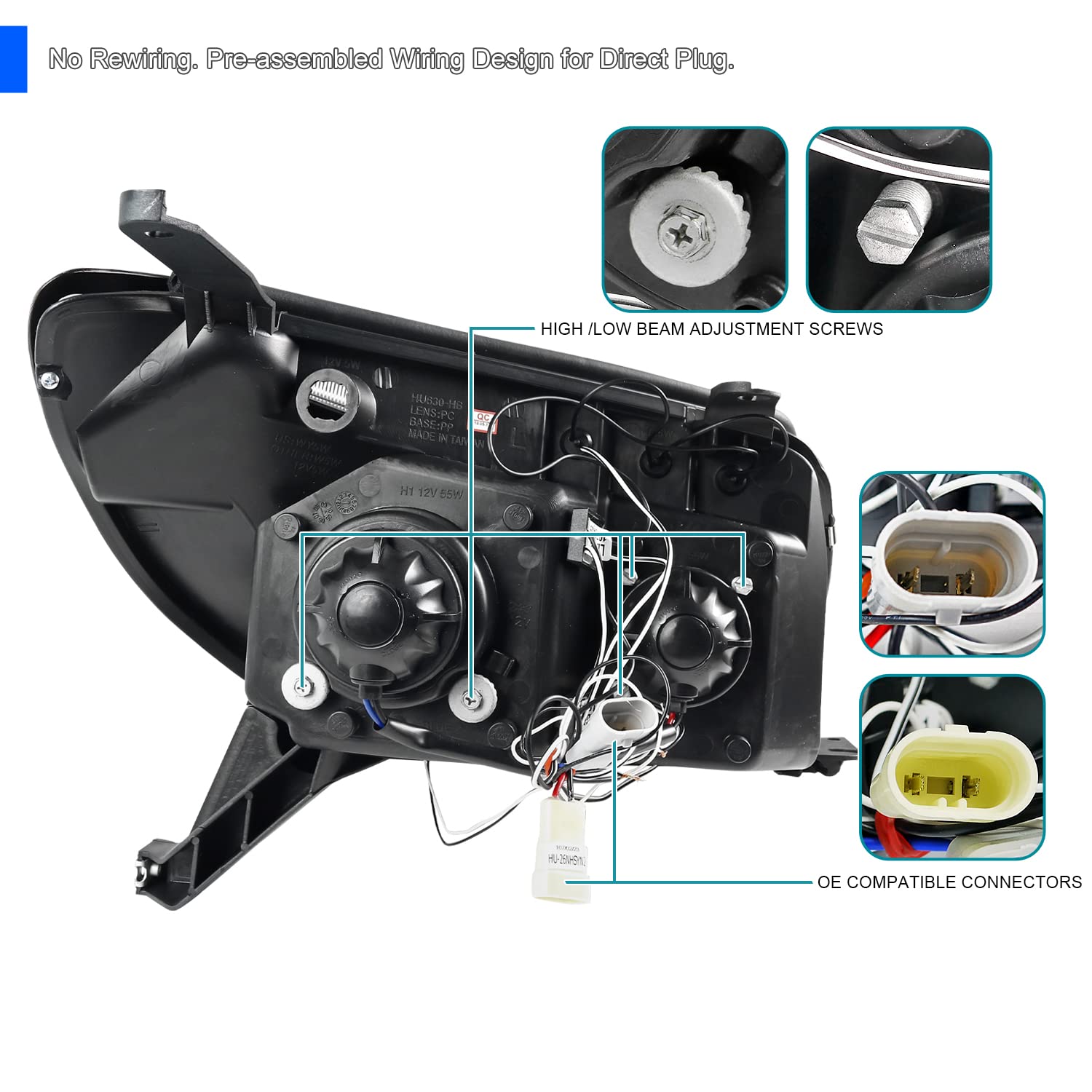 Spec-D Tuning Halo Led Black Projector Headlights Compatible With 2003-2005 Toyota 4Runner Left + Right Pair Headlamps Assembly