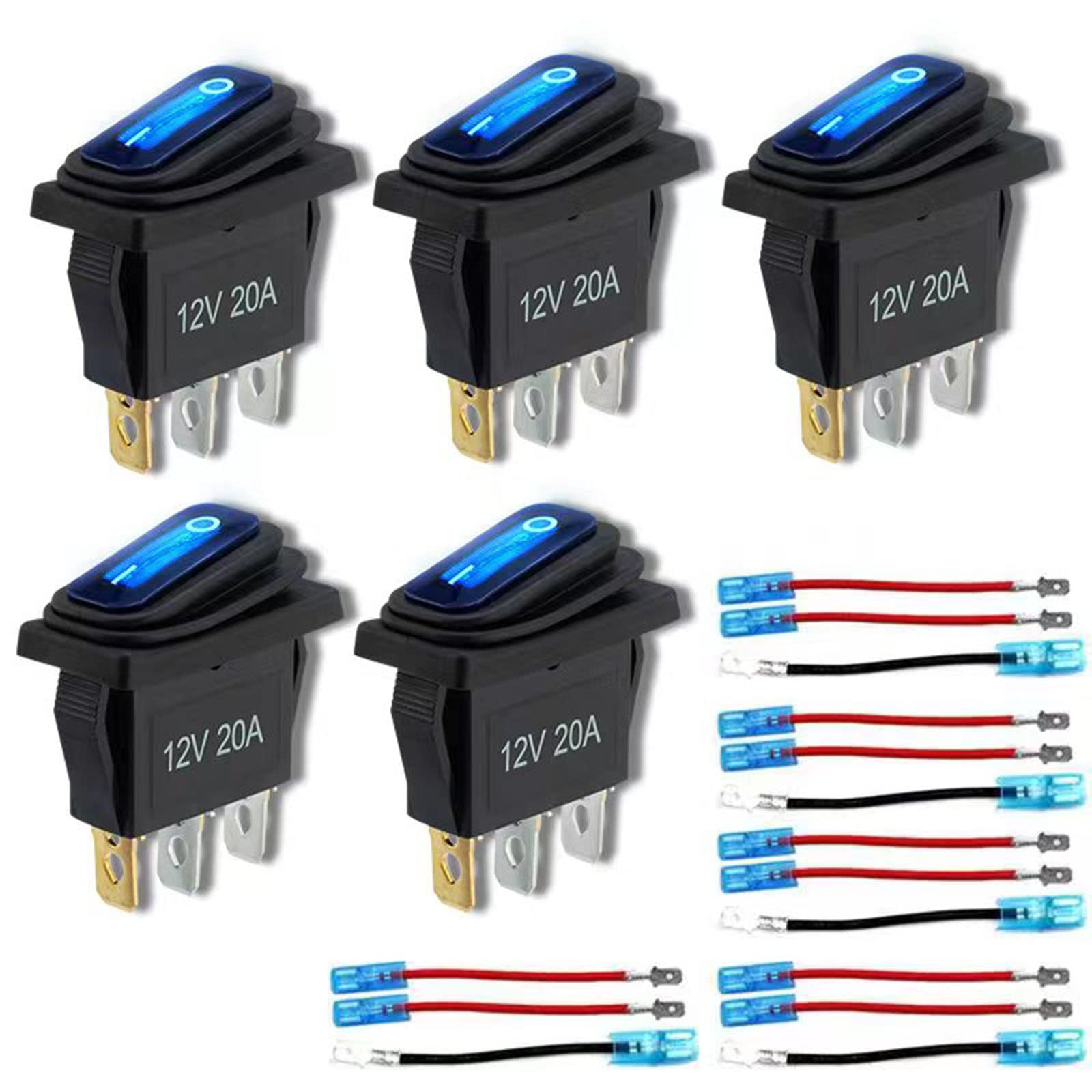 12v Rocker Switch Waterproof 5 PCS - 12 Volt Toggle Switch with 3 20cm Detachable Wires, SPST 3 Pin On Off Switches Snap-in Desi