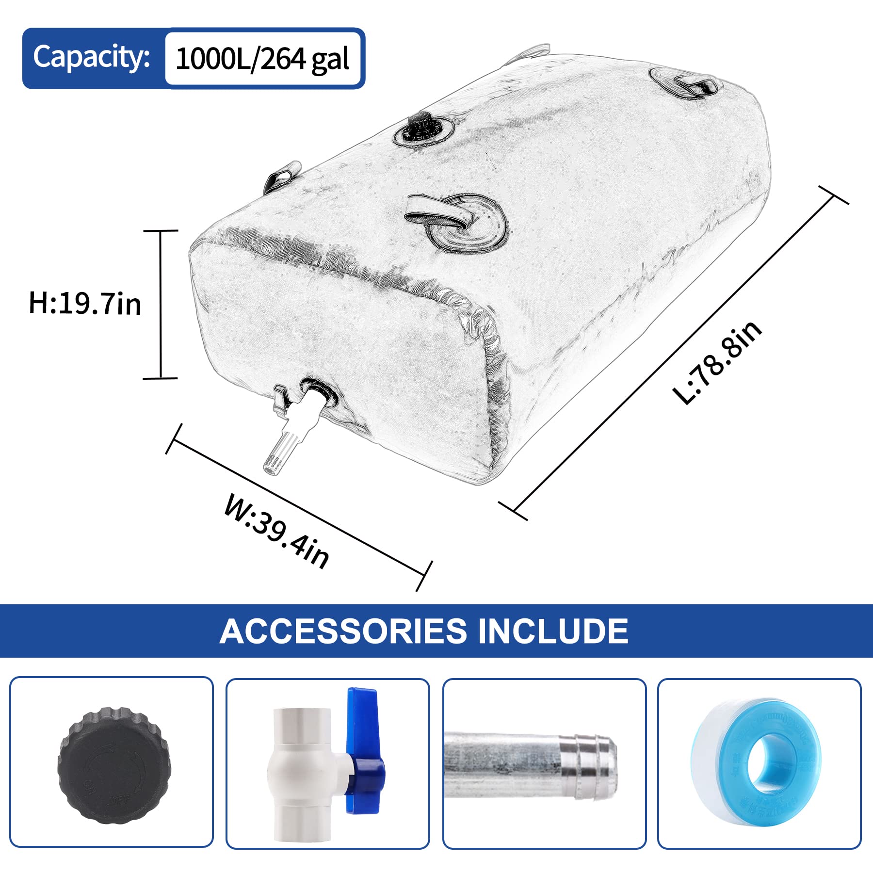 GHOSOONE Water Bladder Tank 1000L/264Gal, Foldable PVC Storage Container, Blue, Ideal for RVs, Trucks, Fire Prevention, Drought Resistance