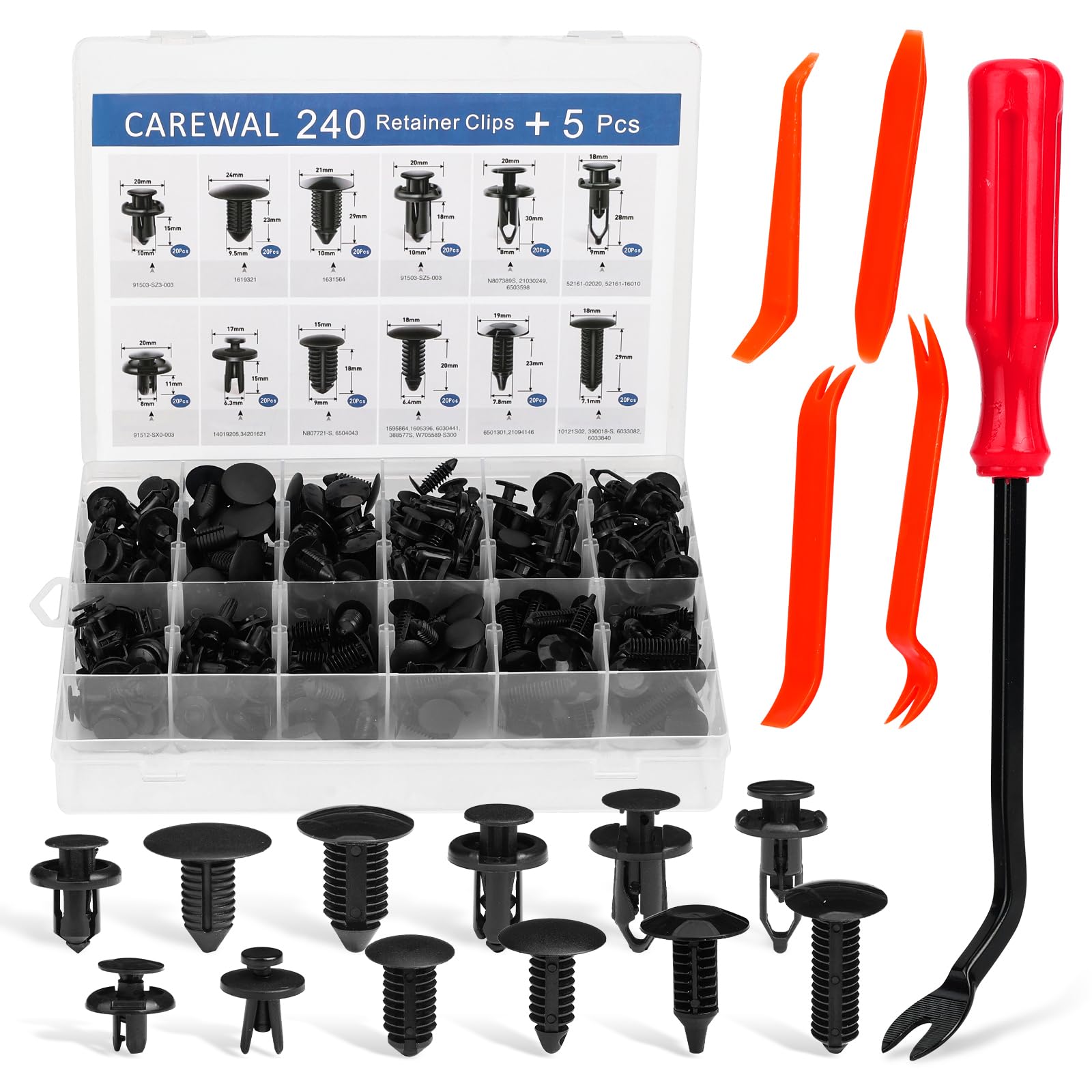 CAREWAL 240 Pcs Bumper Clips Car Clips Plastic Rivets of 16 Most Popular Sizes and 5 Fastener Removers Fasteners Push Retainer K