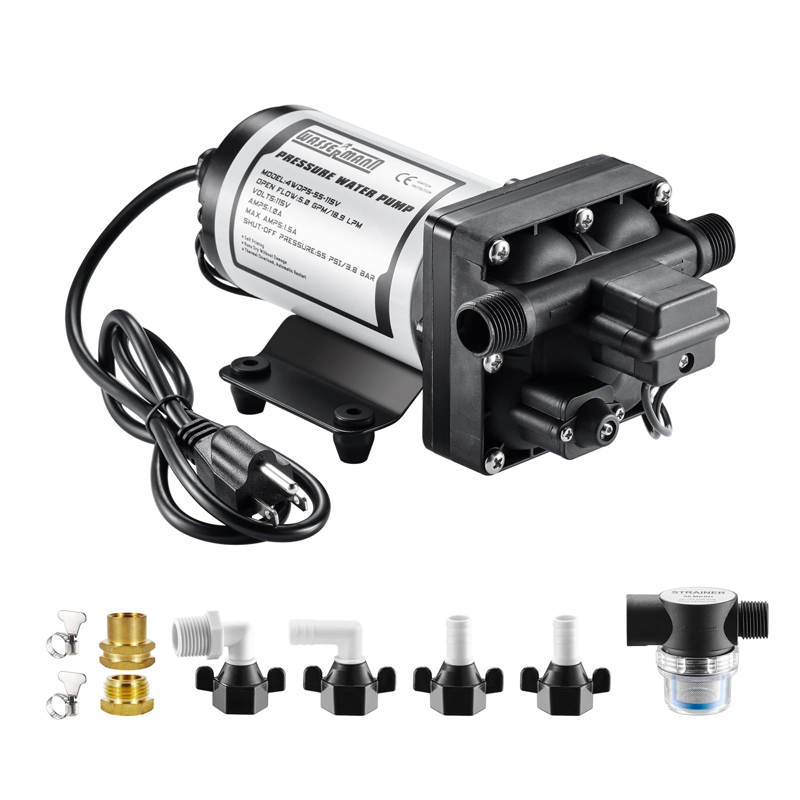 Wassermann Water Pressure Booster Pump 115V Ac With Pressure Switch,Self-Priming Water Pump 5.0Gpm 55Psi,For Rv Kitchen Barthroo