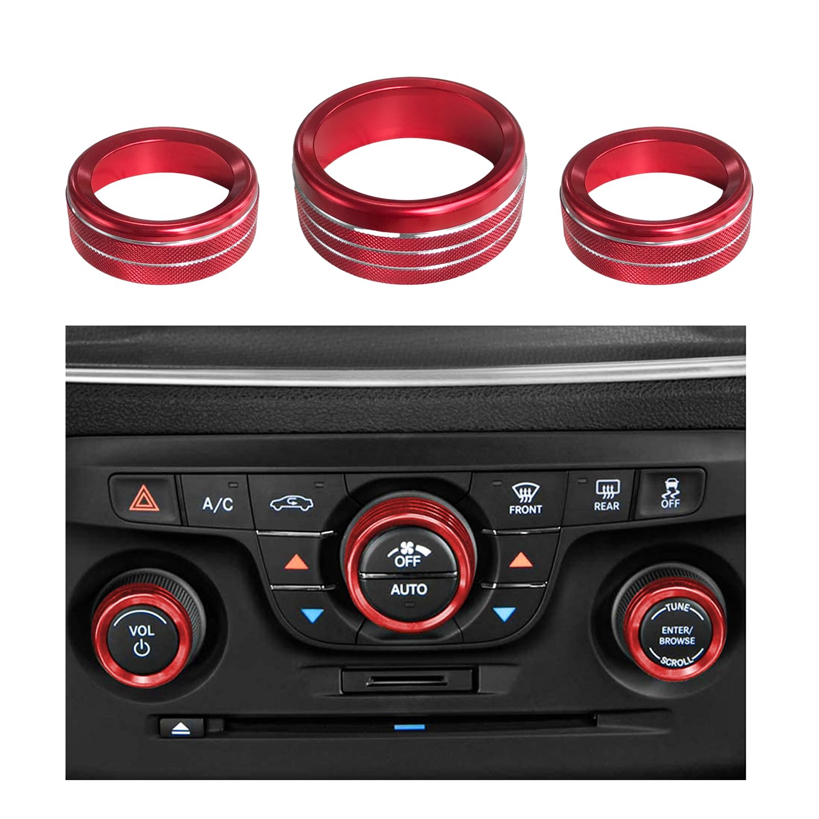 Dickno 3Pcs Air Conditioner Switch Button Knob Cover, Aluminum Alloy A/C Decal Trim Rings Compatible With Challenger Durango 201