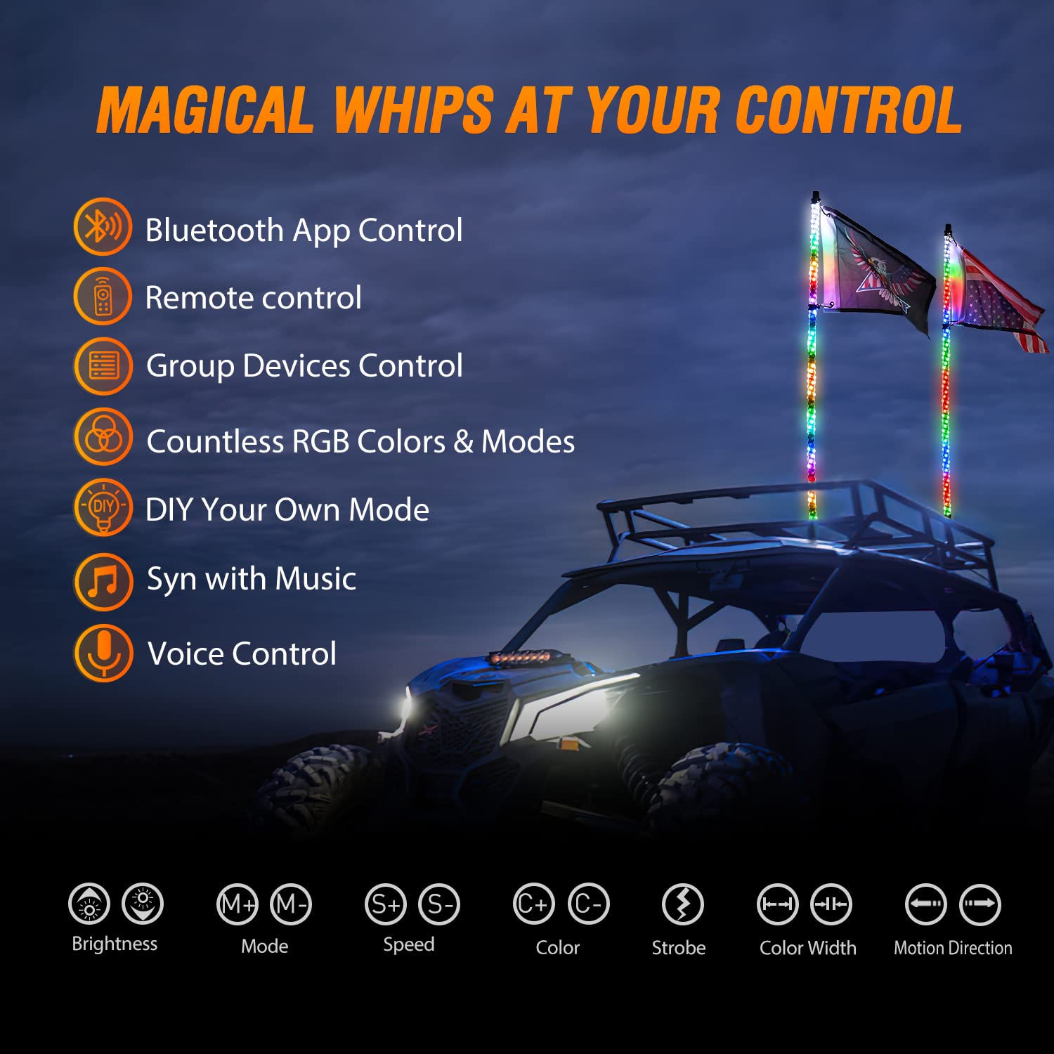 Nilight 2PCS 3FT RGB LED Whip Light, Remote & App Control w/DIY Chasing Patterns Stop Turn Reverse Light Safety Antenna Lighted