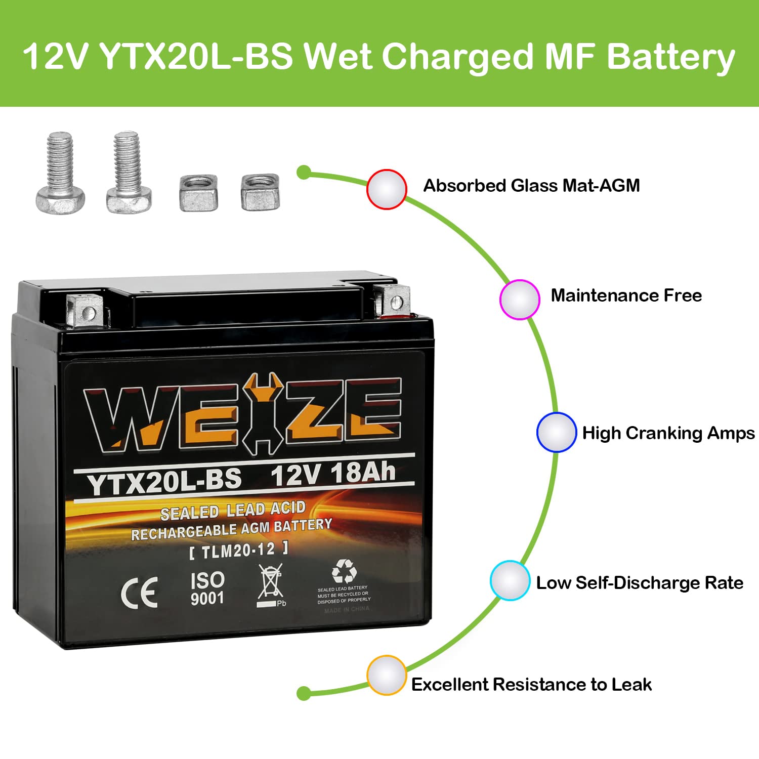 WEIZE YTX20L-BS Sealed AGM Battery for Motorcycle ATV UTV - Maintenance Free, Black