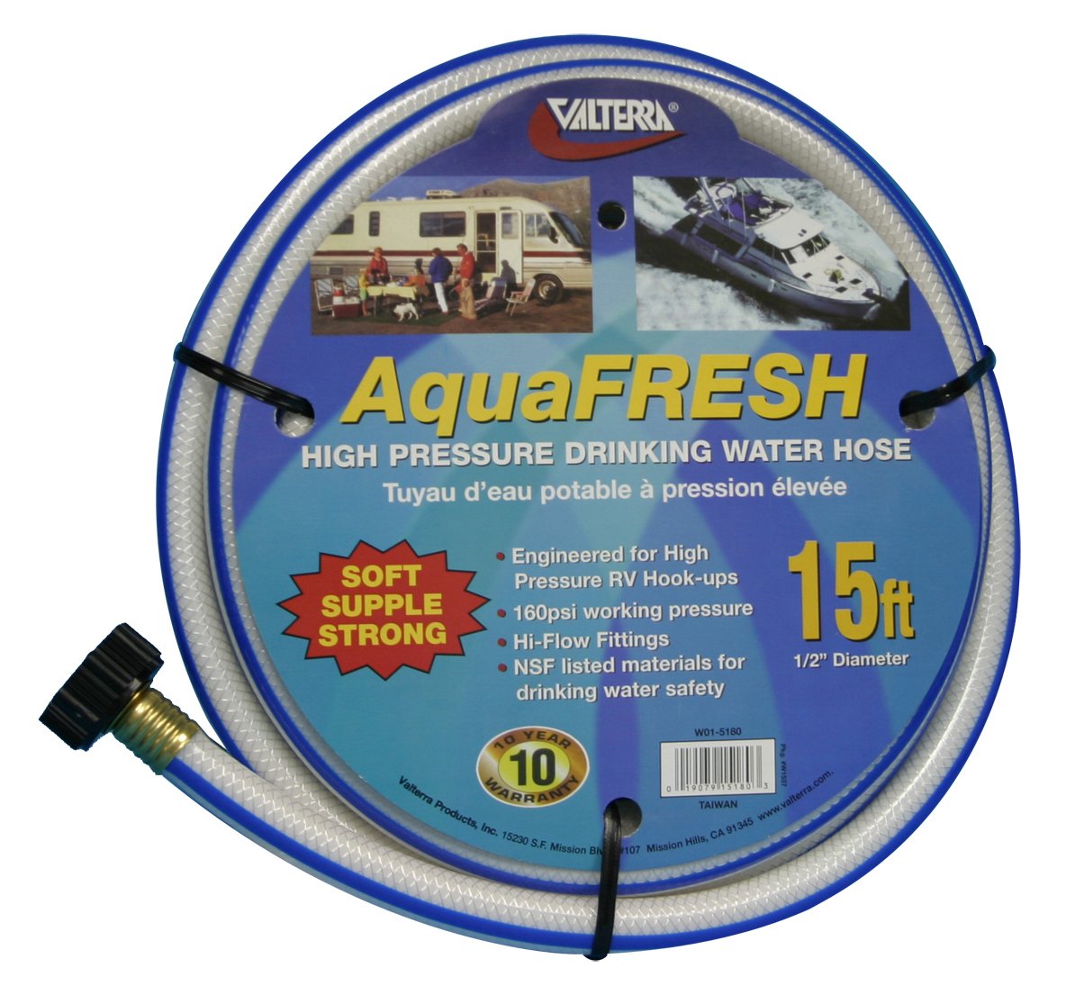 Valterra AquaFresh High Pressure Drinking Water Hose, Water Hose Hookup for RV - 1/2 x 15, White