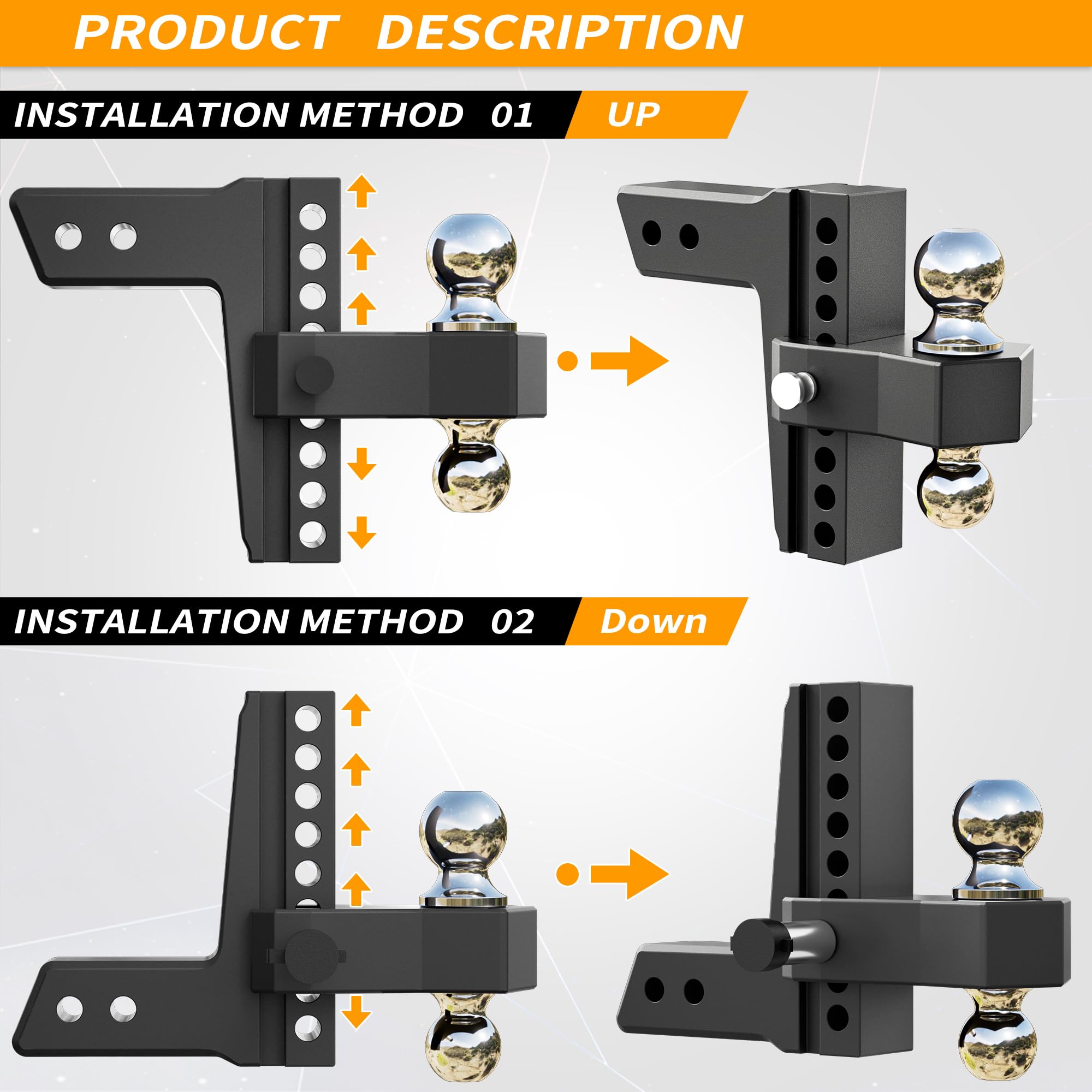 Locame Adjustable Trailer Hitch, Fits 2-Inch Receiver Only, 10-Inch Drop/Rise Aluminum Drop Hitch,12,500 Lbs Gtw-Tow Hitch For H