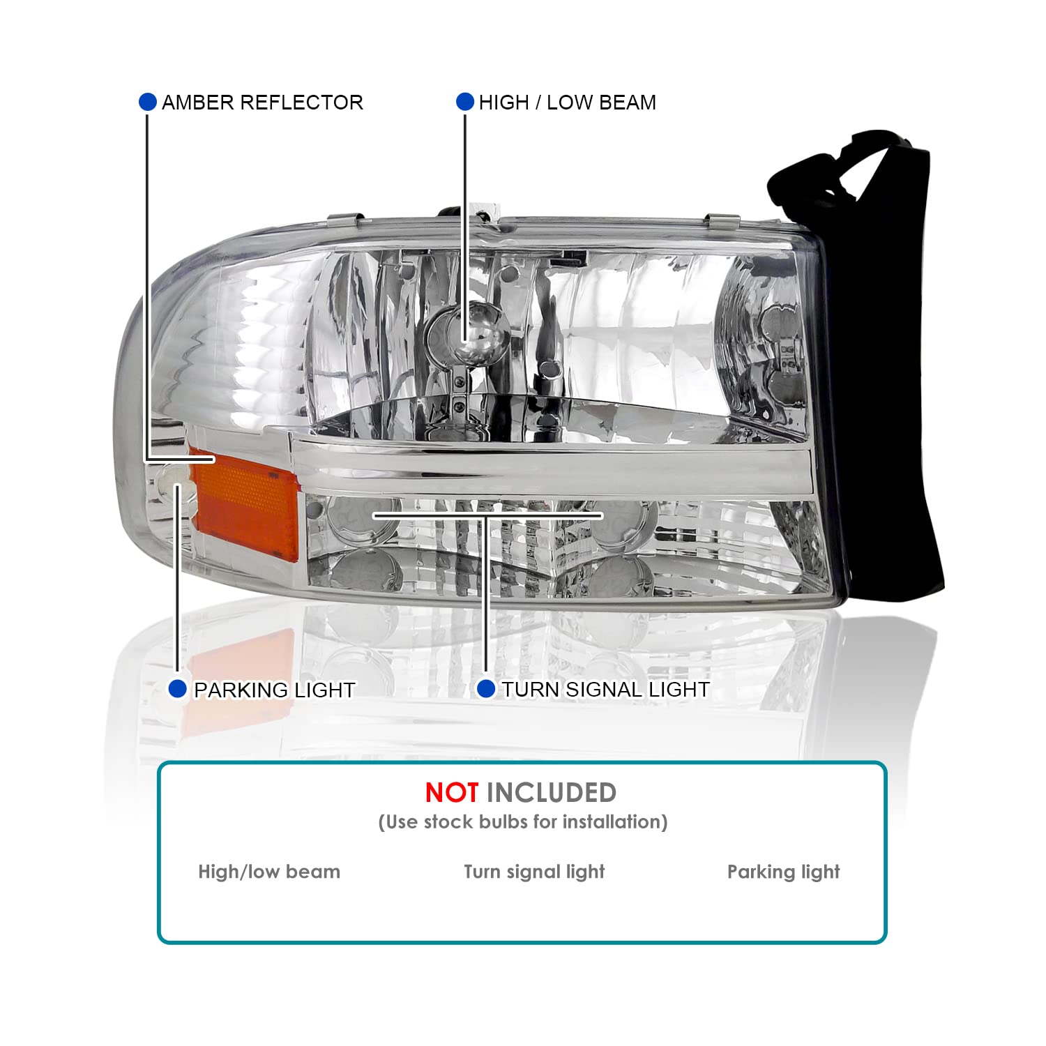 Spec-D Tuning Chrome Housing Clear Lens Headlights Compatible With 1997-2004 Dodge Dakota L+R Pair 1Pc Style Head Light Lamp Ass