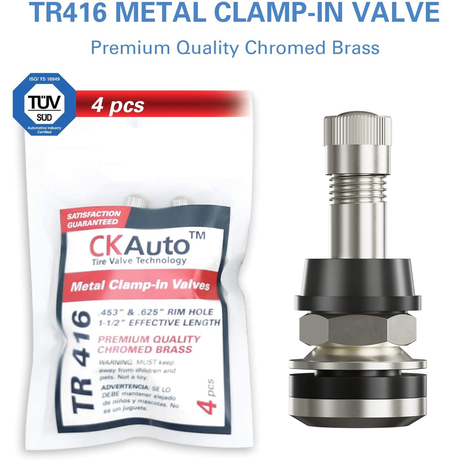 Ckauto 4 Pieces Tr416 Metal Valve Stems Outer Mount Fits .453'' & .625'' Rim Holes Long 1 1/2'', Silver