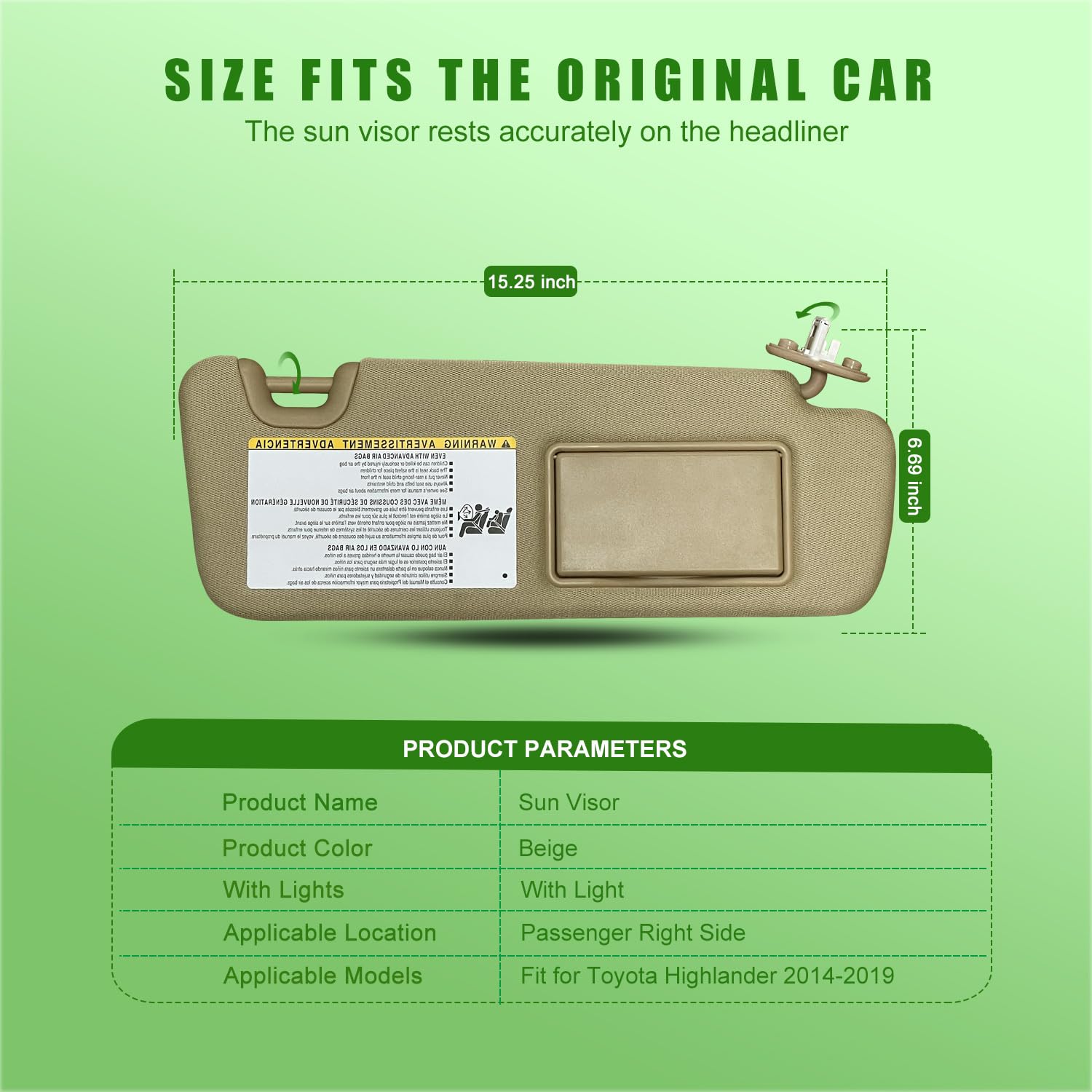 Right Passenger Side Sun Visor for Toyota Highlander 2014 2015 2016 2017 2018 2019 Grey with Light Replace # 74310-0E072-B0 (Bei