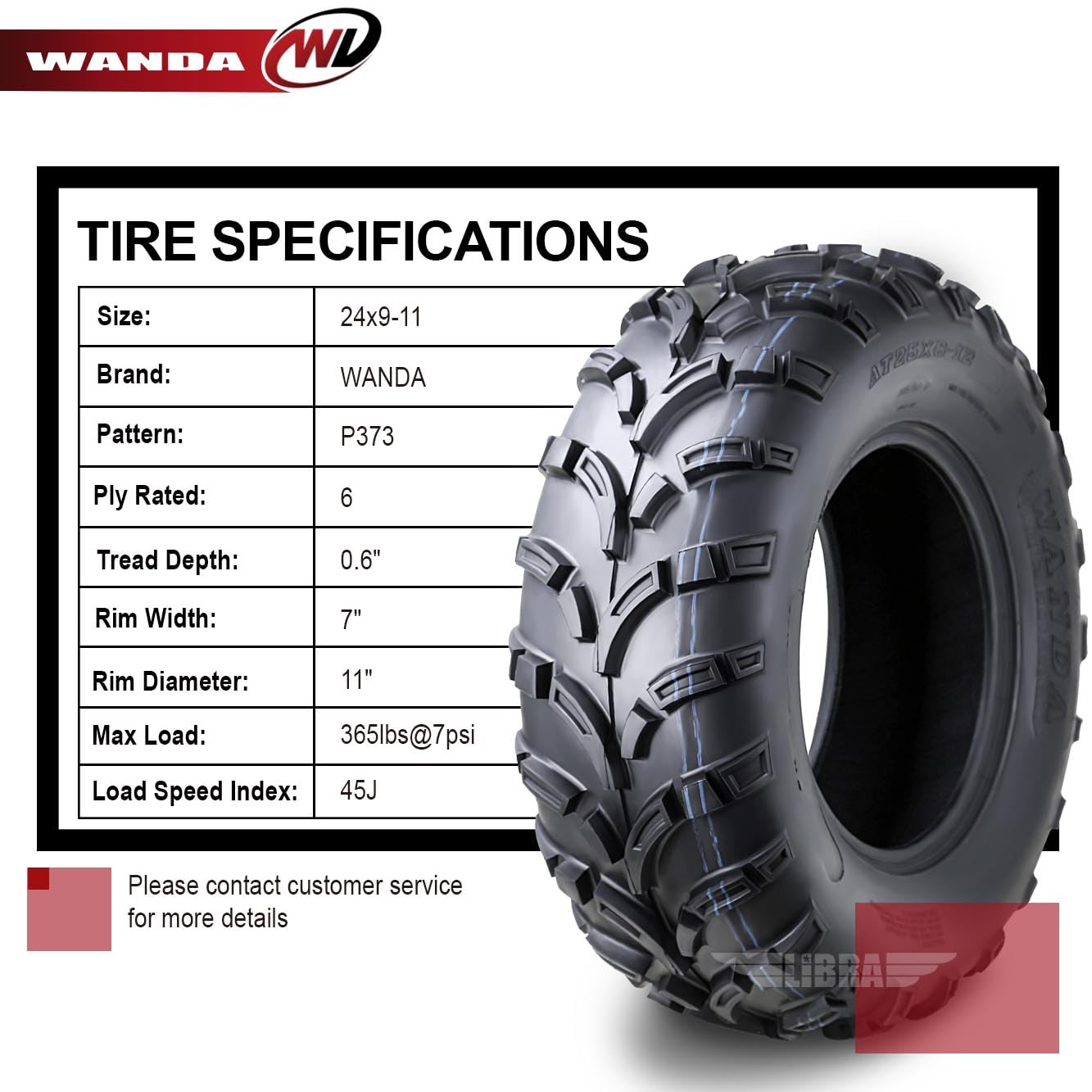 Wanda Utv Atv Tires 24X9-11 24X9X11 225/70-11 /6Pr Lit Mud P373 Set 2-10427