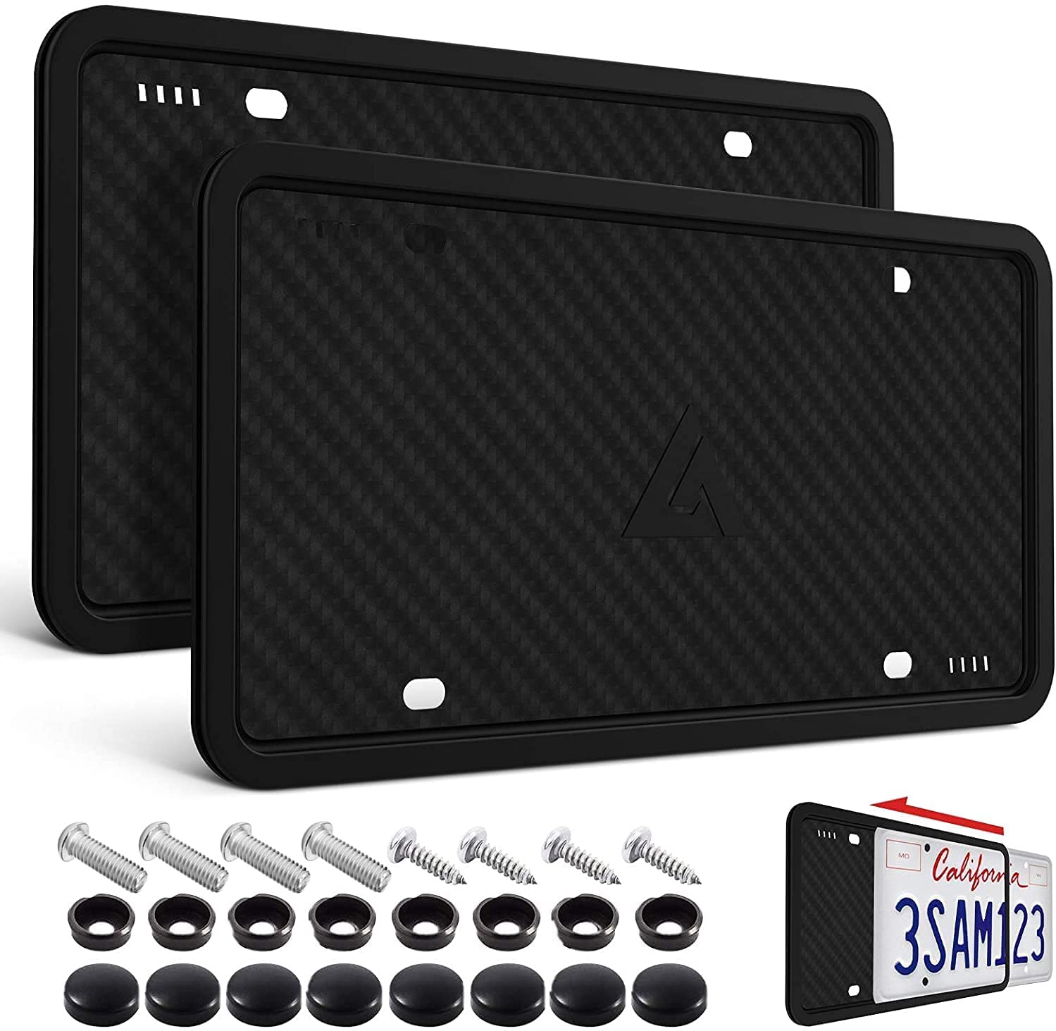 Aujen Silicone License Plate Frames - 2 Pack Black Side-Opening License Bracket Holder With Easy Installation, License Plate Cov