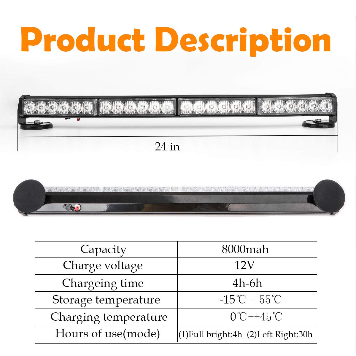 Le-Jx 24” Red/Blue Wireless Traffic Advisor Emergency Lights Bar Battery Led Strobe Warning Light Roof Top Hazard Flash With Magnetic Base Mount And 12V Rechargeable Plug ( 24 Leds)