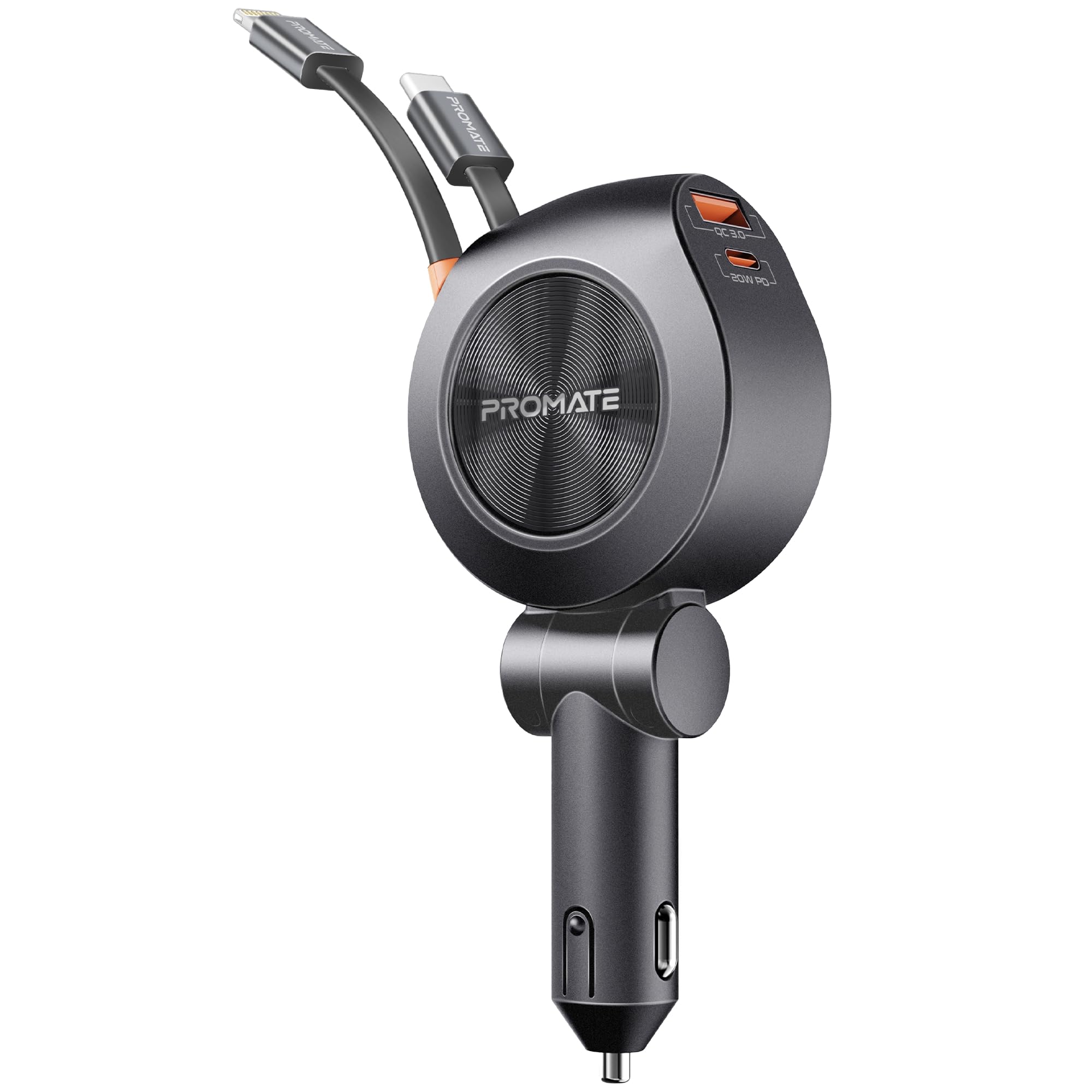 Promate MultiPort Car Charger with Retractable PD30W USBC and PD20W Lightning Cables, 20W USBC, 18W Quick Charge Ports, Heat 