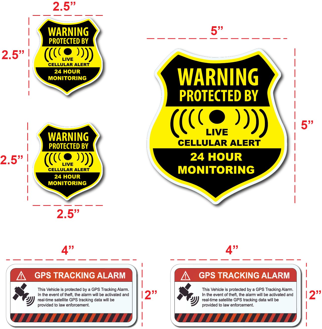 (5 Pack) Combination Pack Of 24 Hour Monitoring - This Vehicle Protected By Gps Tracking Warning Signs - Decal Self Adhesive Sticker Vinyl Decal — Uv Resistent