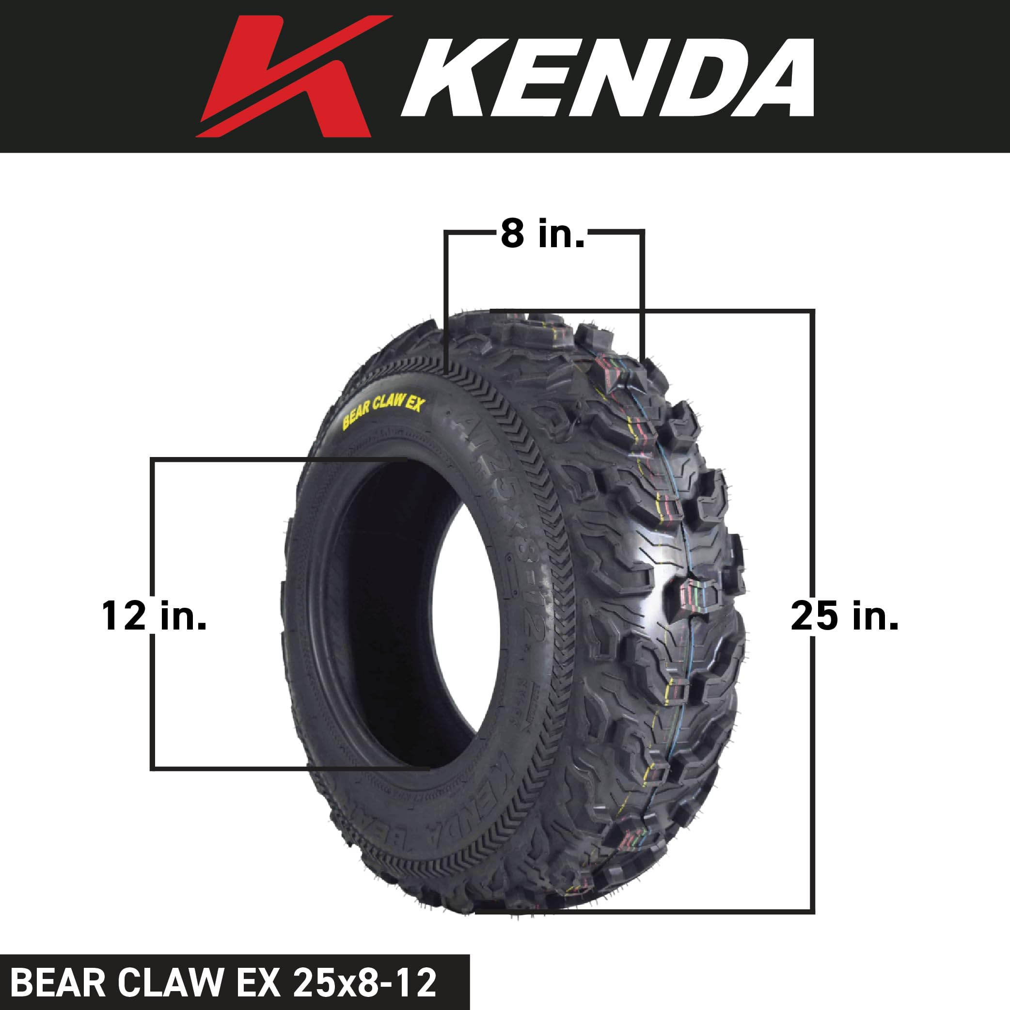 Kenda Bearclaw Ex K573-25X8-12 Front & 25X10-11 Rear Tires For All Terrain (Atv), Utv, And Side By Side (Sxs) Vehicles - 6-Ply -