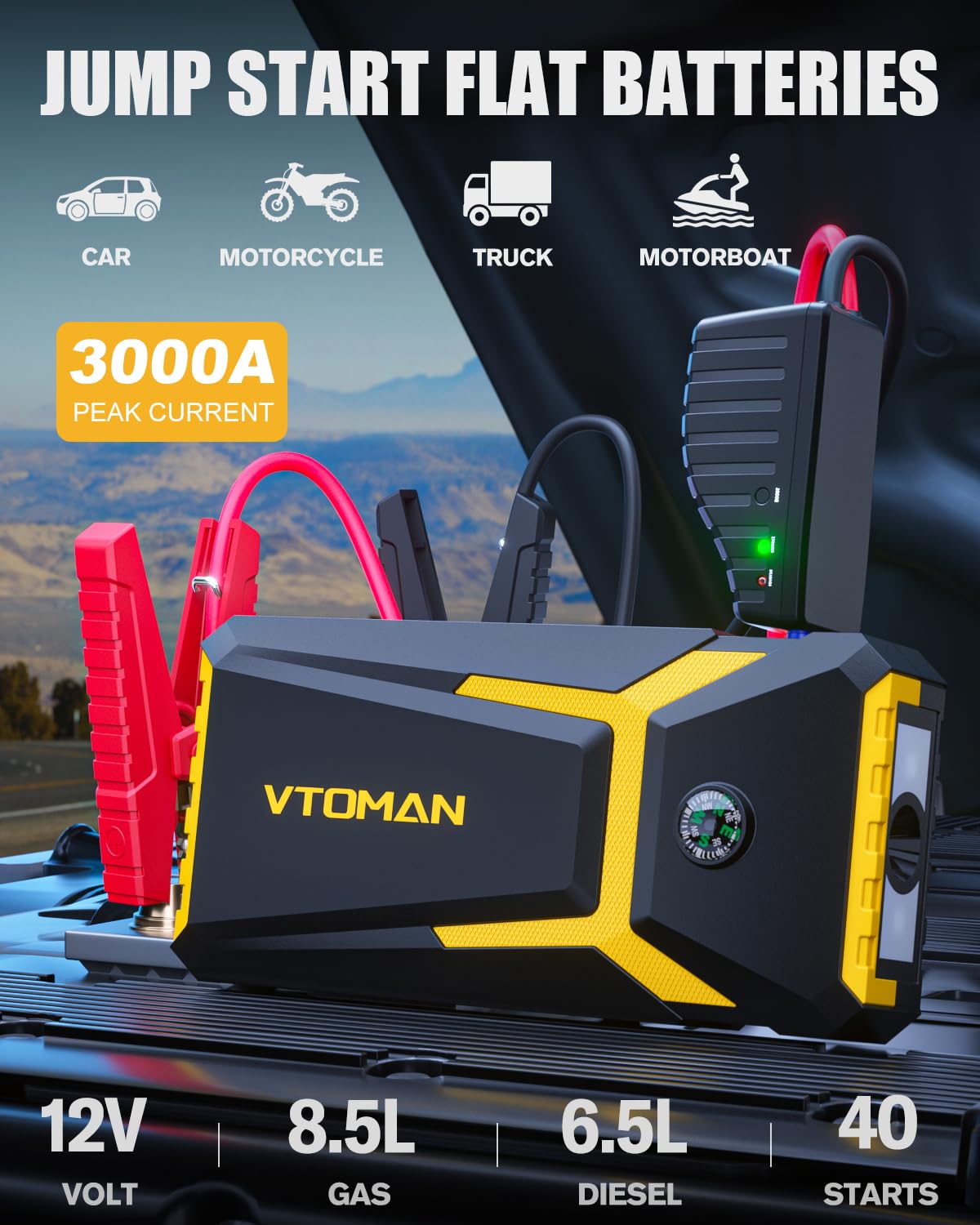 VTOMAN V8 Jump Starter - 2000A Peak, 12V Lithium Battery Booster for Up to 8L Gas & 6L Diesel Engines, Portable, Yellow