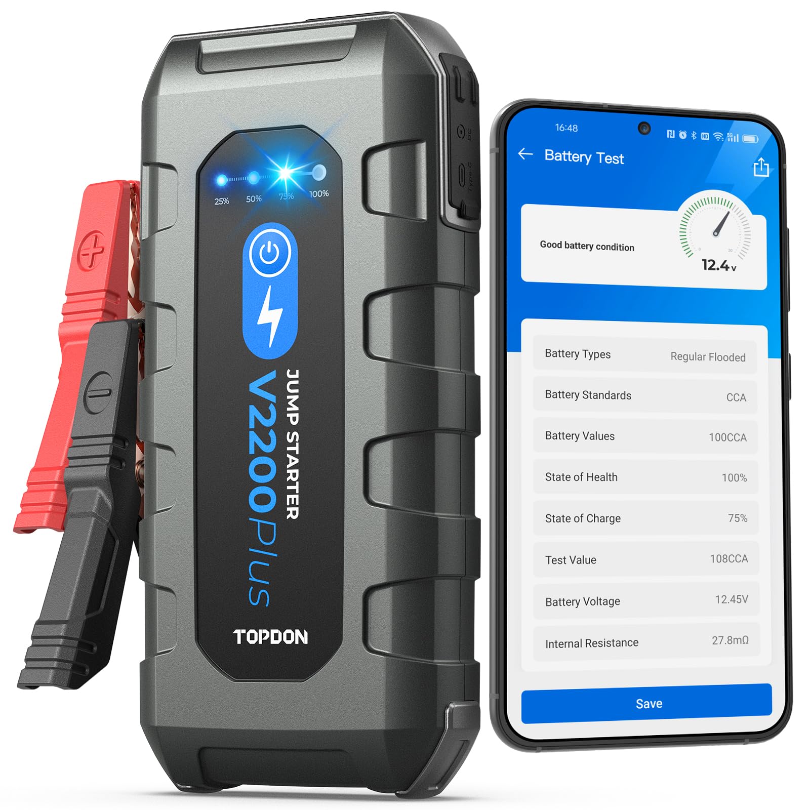 Car Battery Jump Starter And Battery Tester Topdon 2-In-1 2200A Peak Jump Starter For Up To 8L Gas/6L Diesel Engines 12V Portabl
