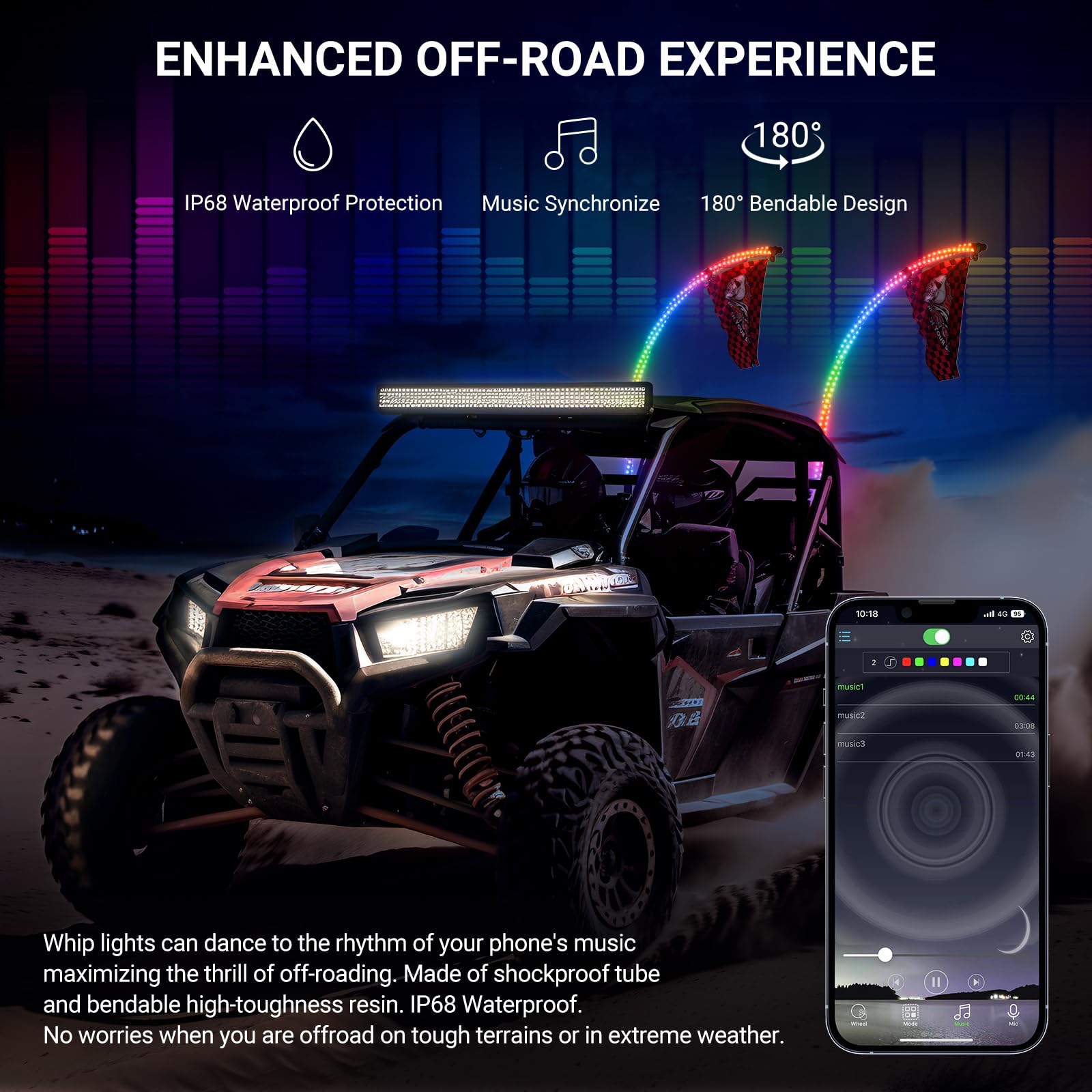 Ehaho 2PCS 2FT LED Whip Lights for UTV ATV, RGB Color, Aluminum, Model EH2FT2, with Rocker Switch & Remote Control