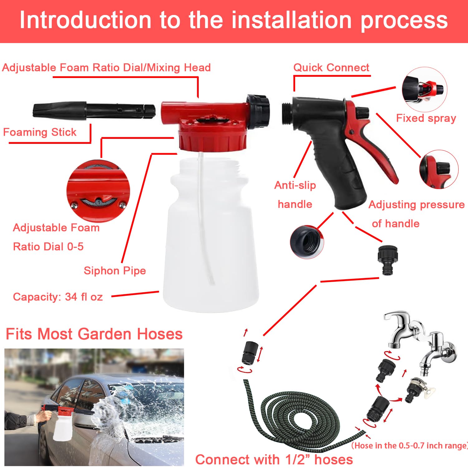 Lianxin Car Wash Kit Car Wash Cleaning Kit With Car Wash Foam Gun Microfiber Sponge And Towels Tire Brush Built, Car Foam Gun, C