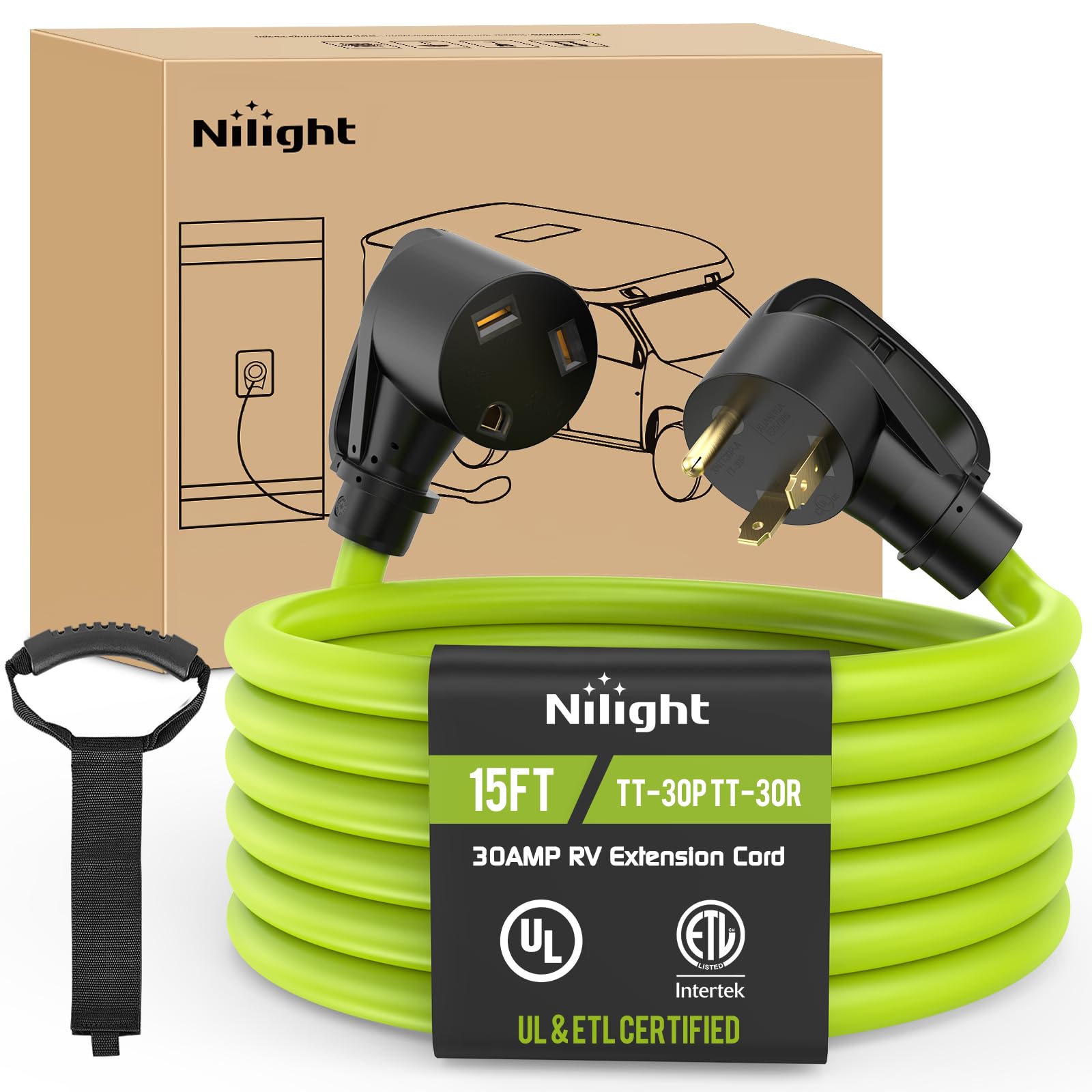 Nilight 15Ft 30 Amp Rv Extension Cord 125V Heavy Duty 10/3 Gauge Pure Copper Stw Wire Ul Etl Listed 3 Prong Tt-30P Tt-30R Weathe