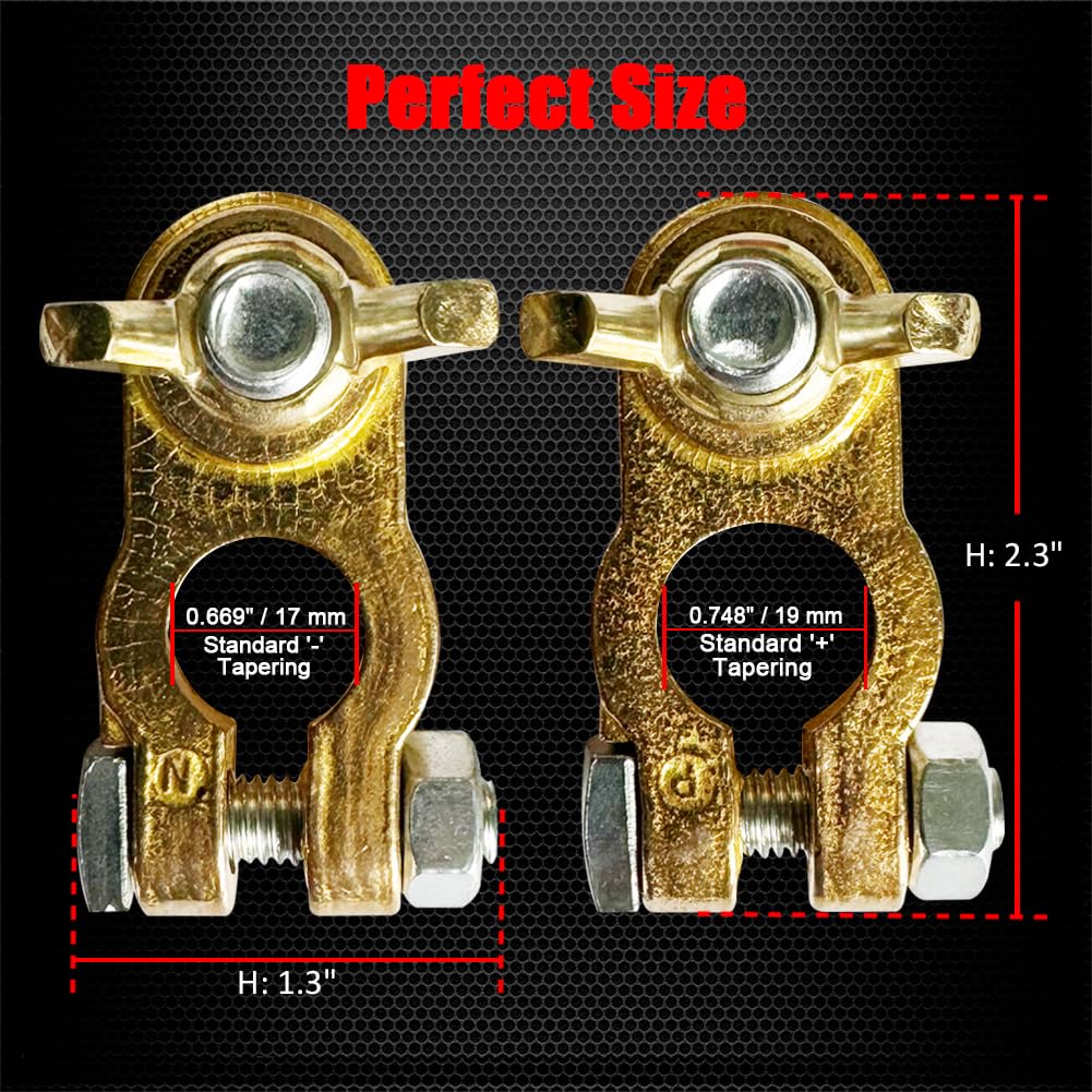 Ampper Brass Battery Terminal Connectors - Top Post Terminals with Wing Nuts, 1 Set for Marine Car Boat RV Vehicles