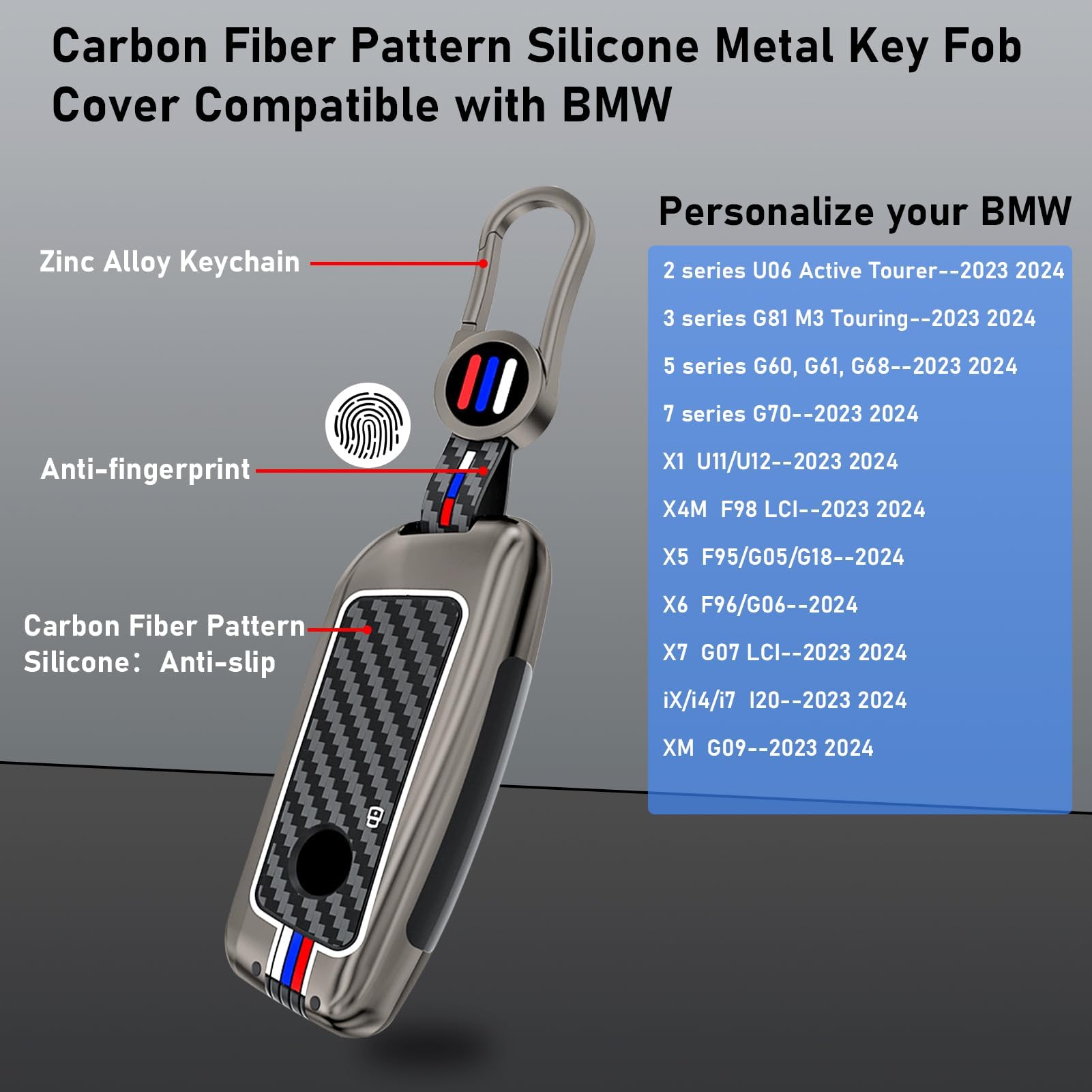Jaronx BMW Key Fob Cover, Metal with Carbon Fiber Pattern, Black, Compatible with X5 X6 2023-2025, Includes Silicone Rubber Holder