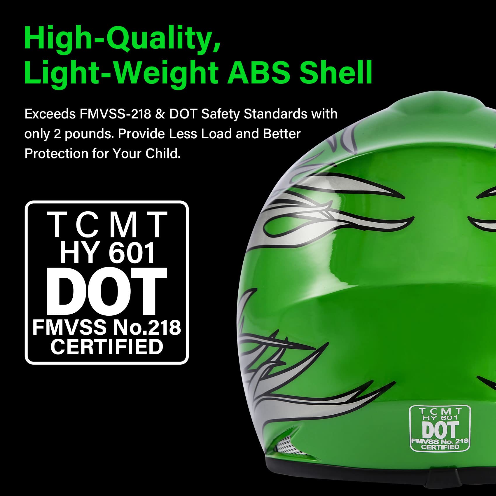 TCMT Youth Motocross Helmet Green Flame, Youth XL, ABS Material, Includes Goggles & Gloves