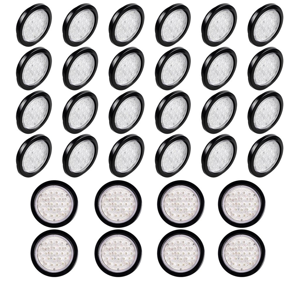 32pcs Clear Lens 4 Inch Round 24-LED WHITE Back Up Lamp Reverse Rear Parking Lamps Tail Lights w/Grommet Wiring Plug Compatible 