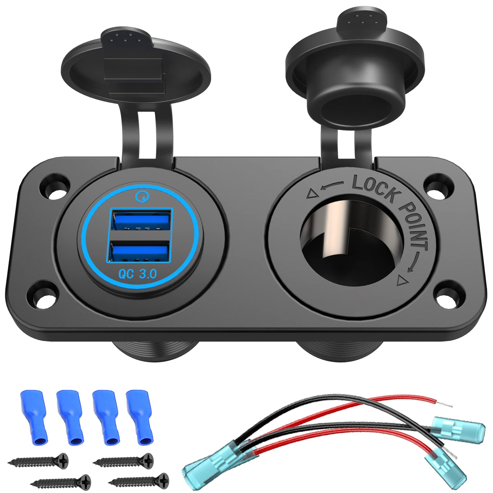 Qc 3.0 Usb Outlet 12V Boat Marine Waterproof Cigarette Lighter Socket Splitter 12 Volt Dc Power Charger Adapter Diy Kit With Blu
