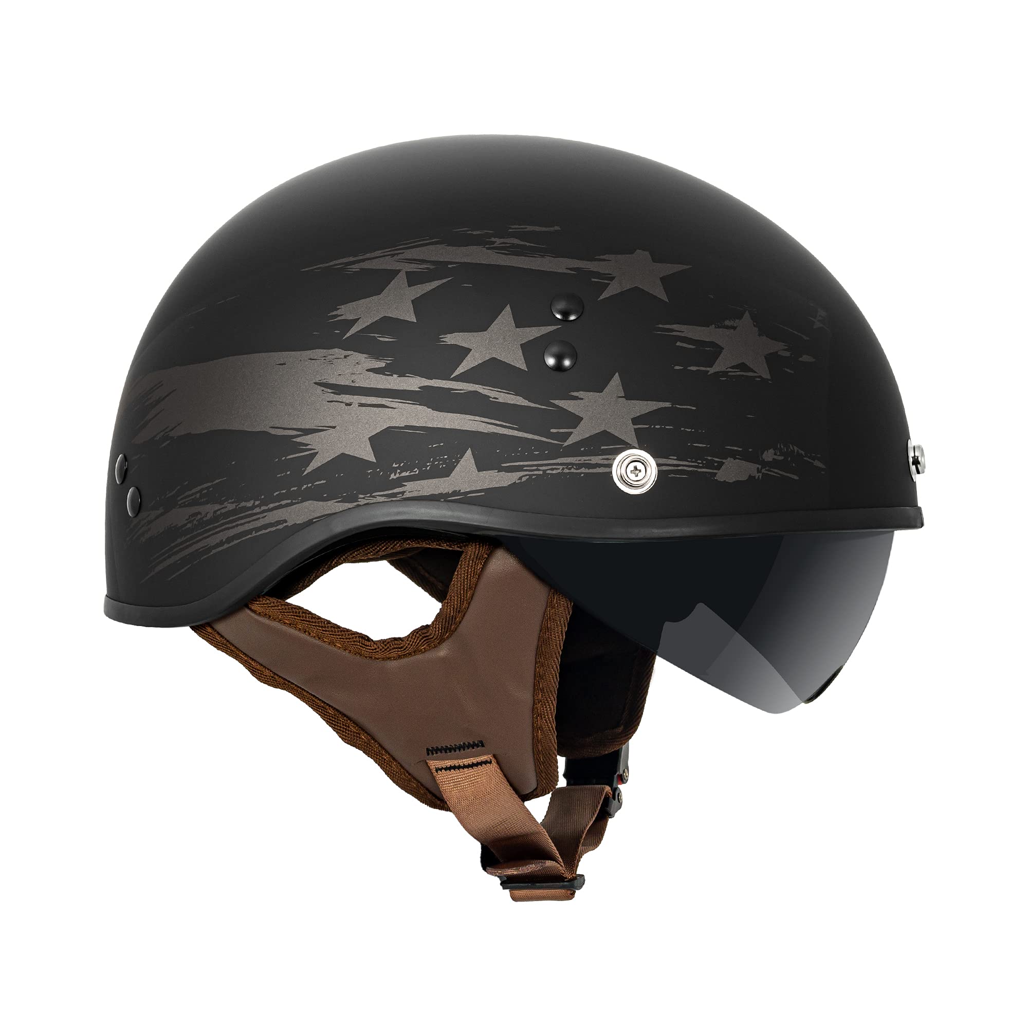 VCAN Cruiser Solid Flat Black Half Face Motorcycle Helmet with Drop-Down Sun Visor, Removable Peak and Quick Release Buckle (Sta