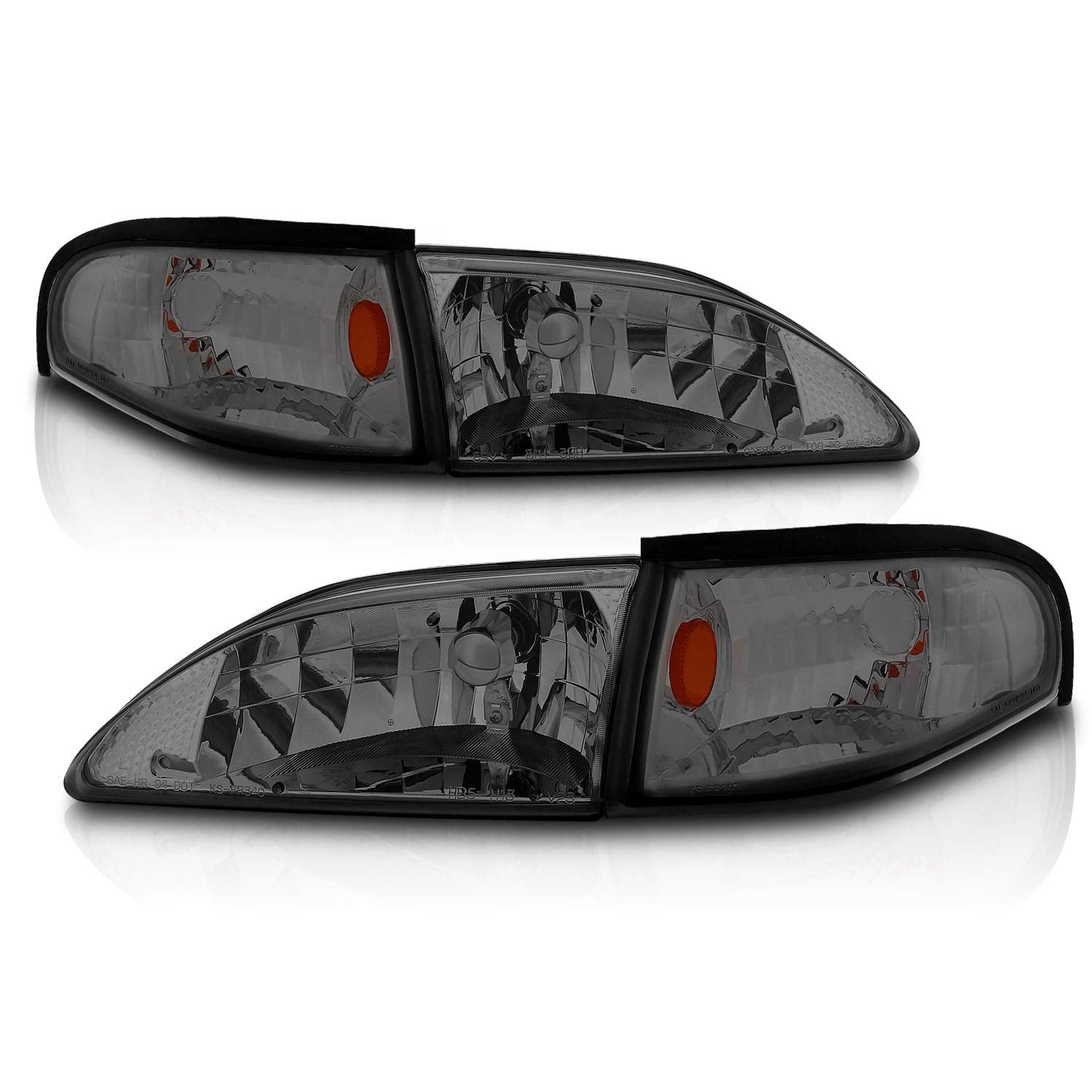 AmeriLite Smoke Headlights Corner Turn Signal Set for 94-98 Ford Mustang - Driver & Passenger Side