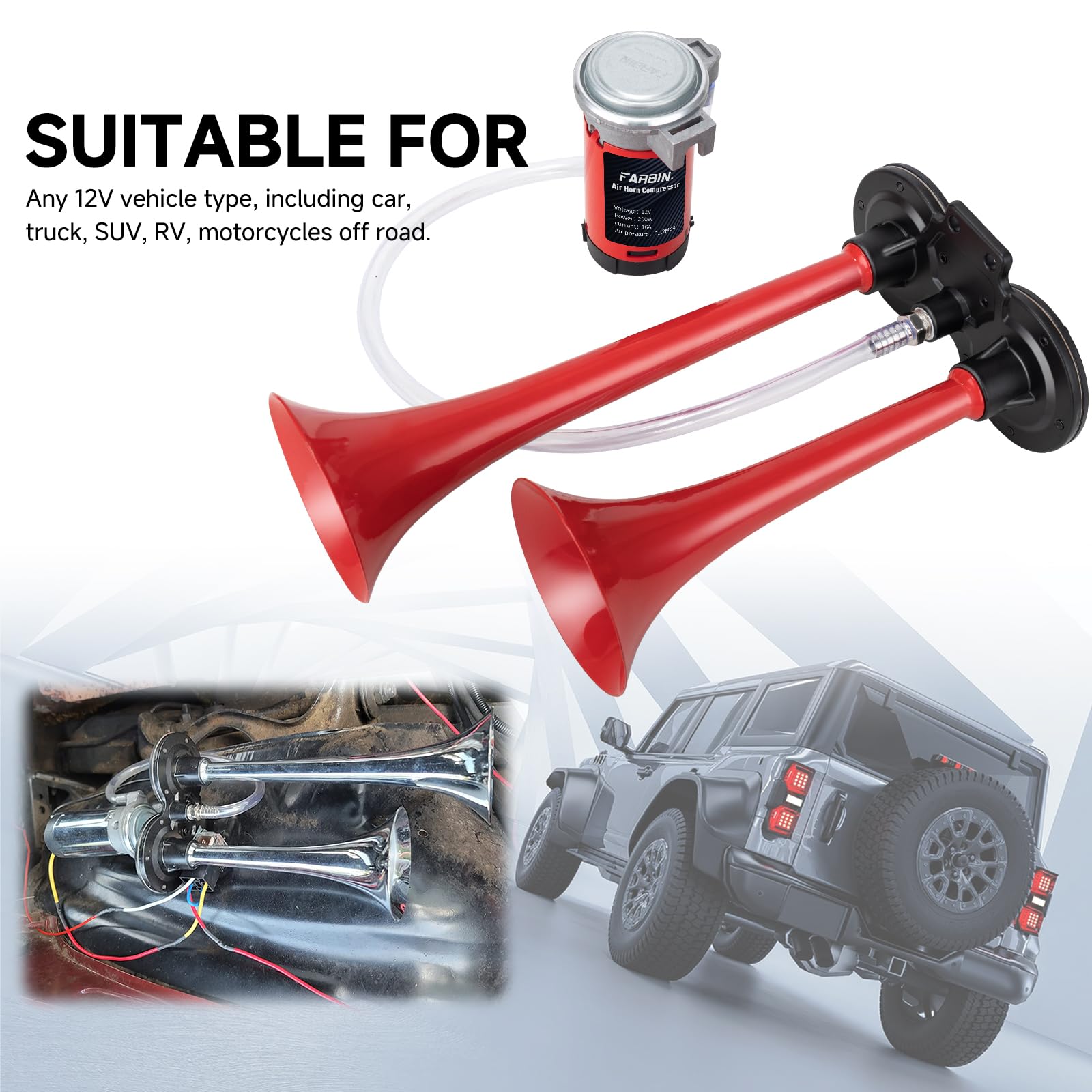 FARBIN 12V Super Loud Dual Trumpet Air Horn Kit - 150dB, Red Aluminum, Includes Compressor & Relay for Trucks, Vans & Vehicles