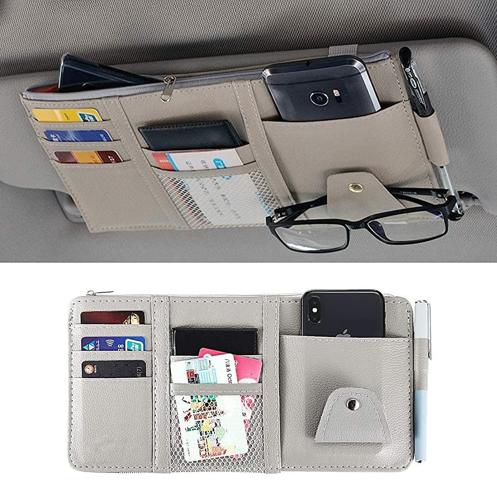 Car Sun Visor Organizer with Zipper Multi Pocket Holder for Cards Cash Sunglasses Pen Phone Universal fit Visor Storage Accessor