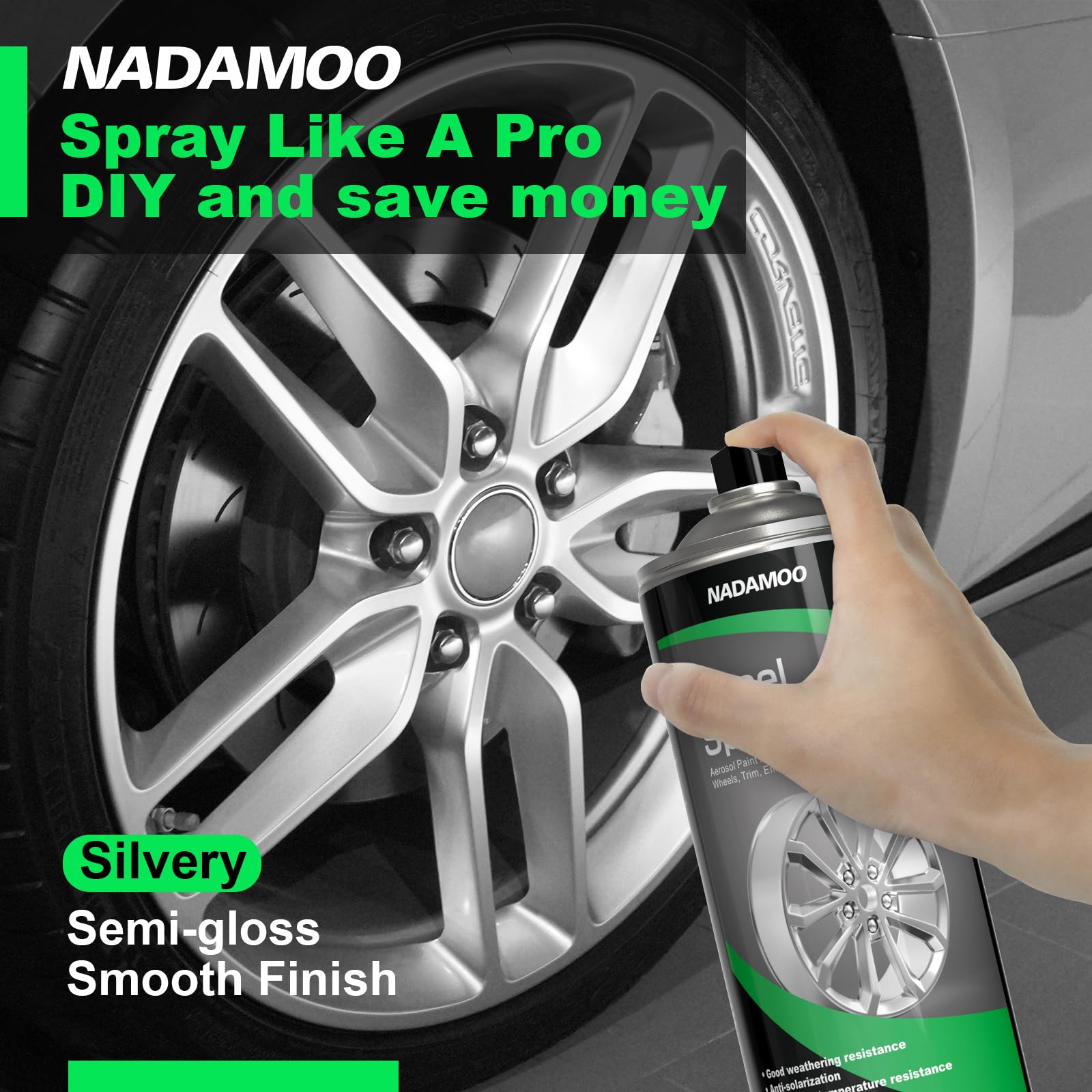 NADAMOO Aluminum Wheel Spray Paint, Semi-gloss, 13 Oz (Pack of 2), Silver, Car Rim Protection