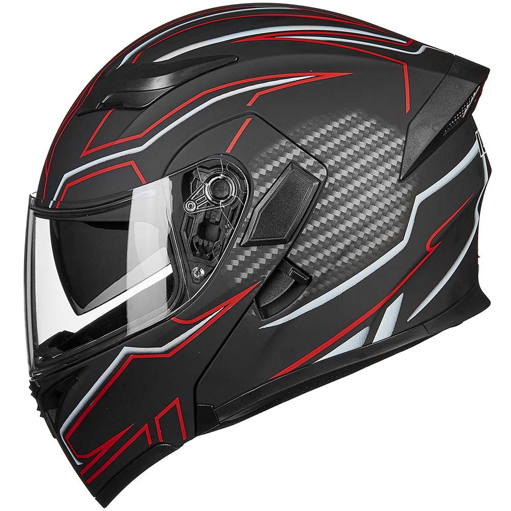 Ilm Motorcycle Dual Visor Flip Up Modular Full Face Helmet Dot Led Light Model 902L (L, Black Red - Led)