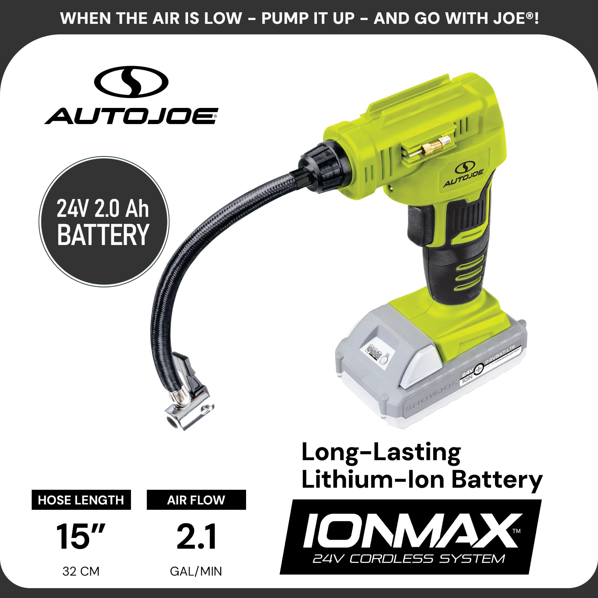 Sun Joe Cordless Tire Air Inflator & Compressor Kit, 2.0-Ah Battery, Charger, Nozzle Adapters, Portable, Green, Model 24V-AJC-LTE