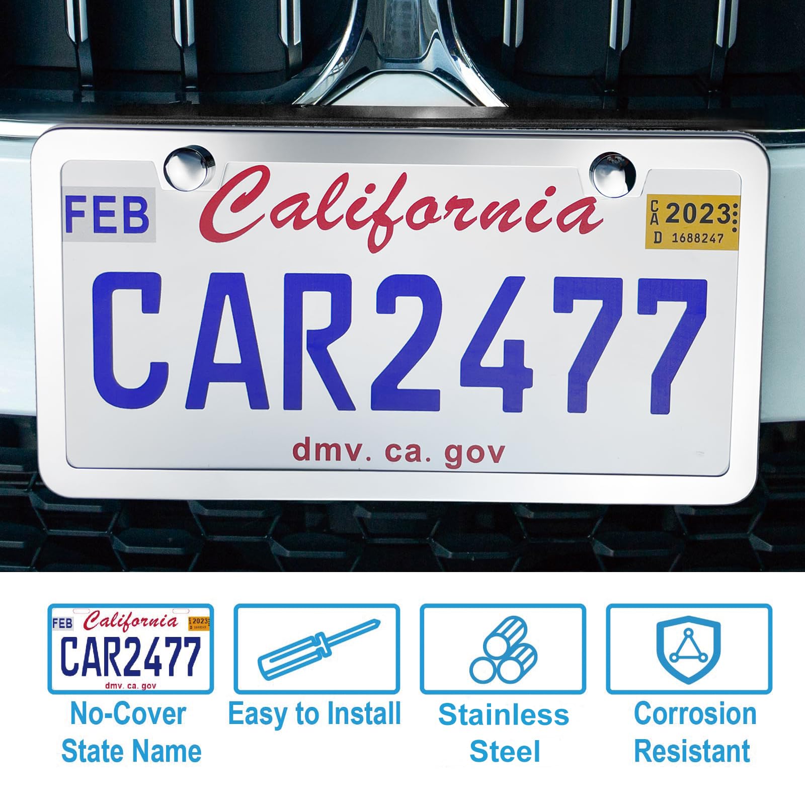 lengnoyp Solid Silver License Plate Frames 2 Pack, Universal Stainless Steel, Rust-Proof, Fits All Cars (Screws & Chrome Caps)